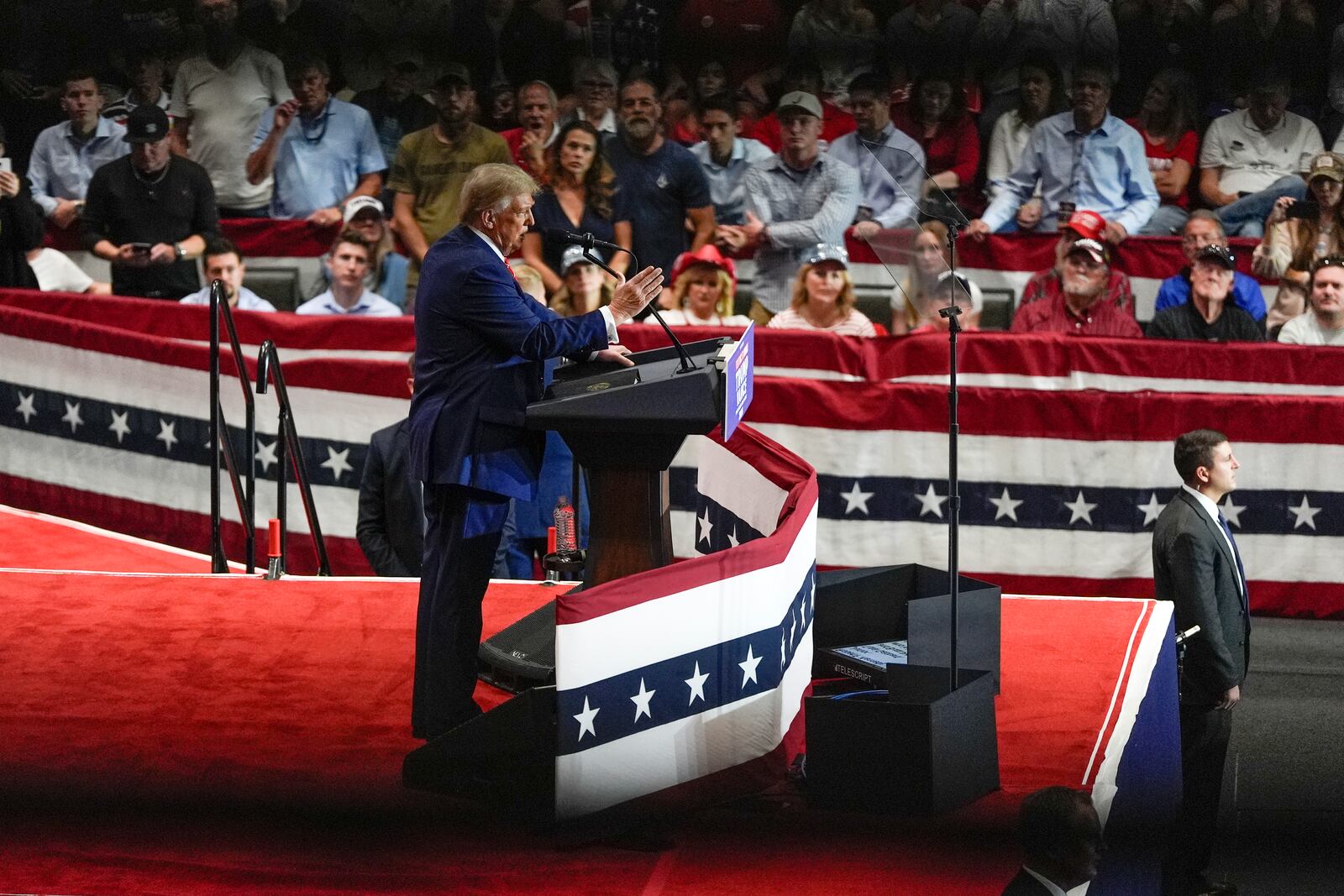 Republican presidential nominee former President Donald Trump speaks at a campaign rally at Rocky Mount Event Center, Wednesday, Oct. 30, 2024, in Rocky Mount, N.C. (AP Photo/Julia Demaree Nikhinson)