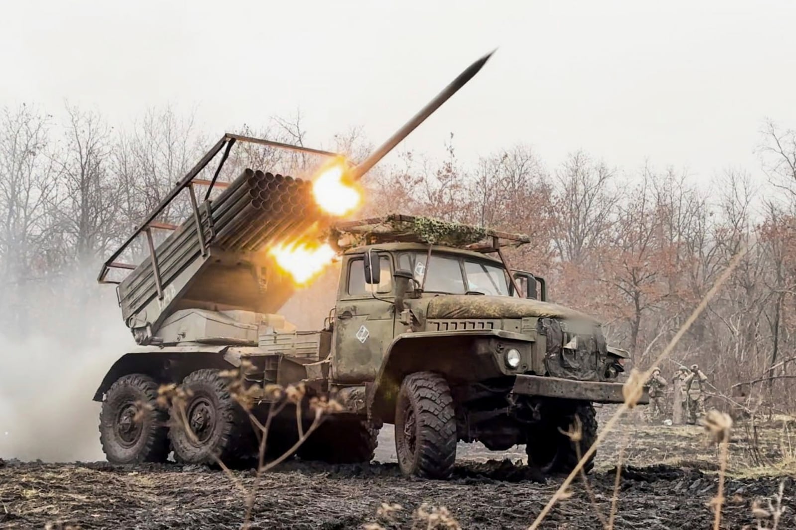 In this photo distributed by Russian Defense Ministry Press Service on Thursday, March 20, 2025, a Russian "Grad" self-propelled multiple rocket launcher fires towards Ukrainian positions in Ukraine. (Russian Defense Ministry Press Service via AP)