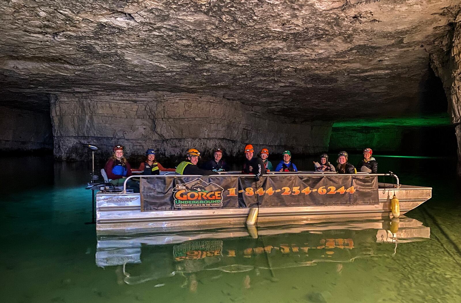 The custom cave boat tour at the Gorge Underground in Rogers, Kentucky.