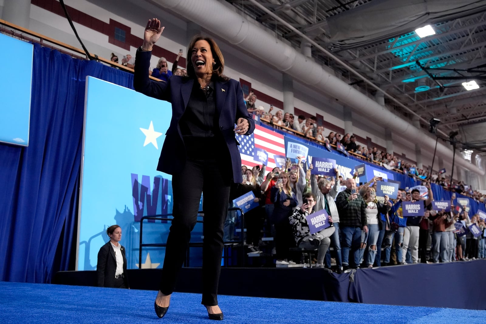 Democratic presidential nominee Vice President Kamala Harris arrives to speak at a campaign rally at the University of Wisconsin La Crosse, in La Crosse, Wis., Thursday, Oct. 17, 2024. (AP Photo/Jacquelyn Martin)