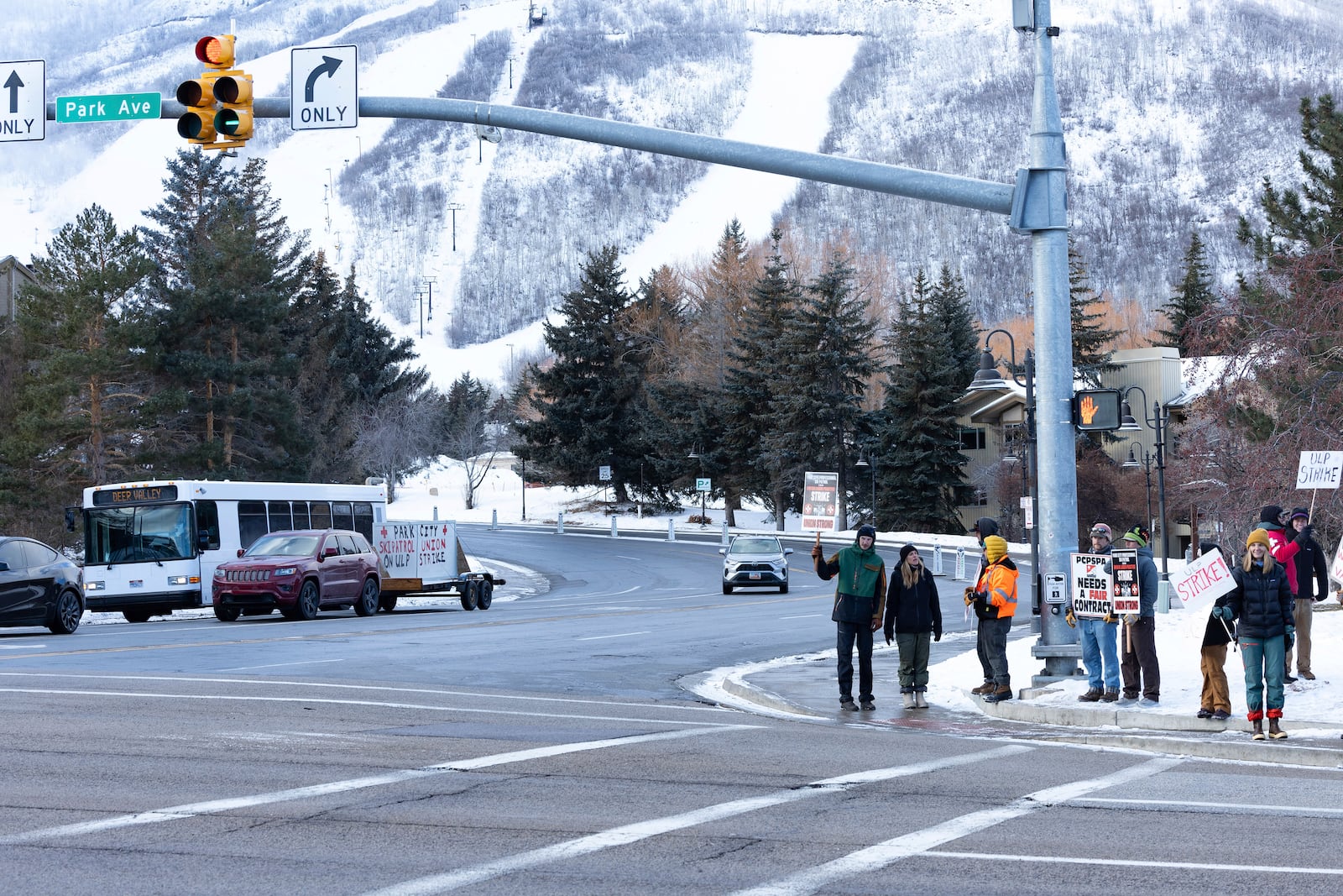 Park City Ski Patrol on strike requesting livable wages in Park City, Utah, Tuesday, Jan 7. 2025. (AP Photo/Melissa Majchrzak)