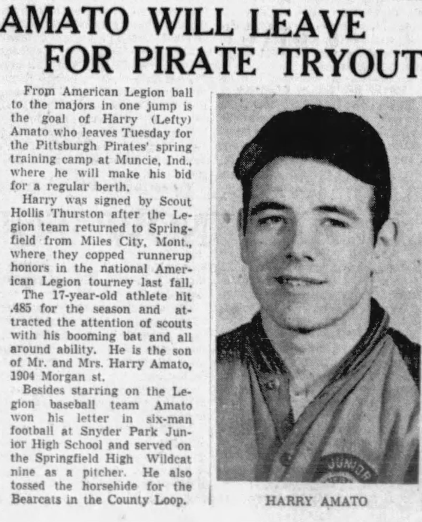 Pirates manager Frankie Frisch compared Harry Amato's swing to Mel Ott's. News-Sun file photo