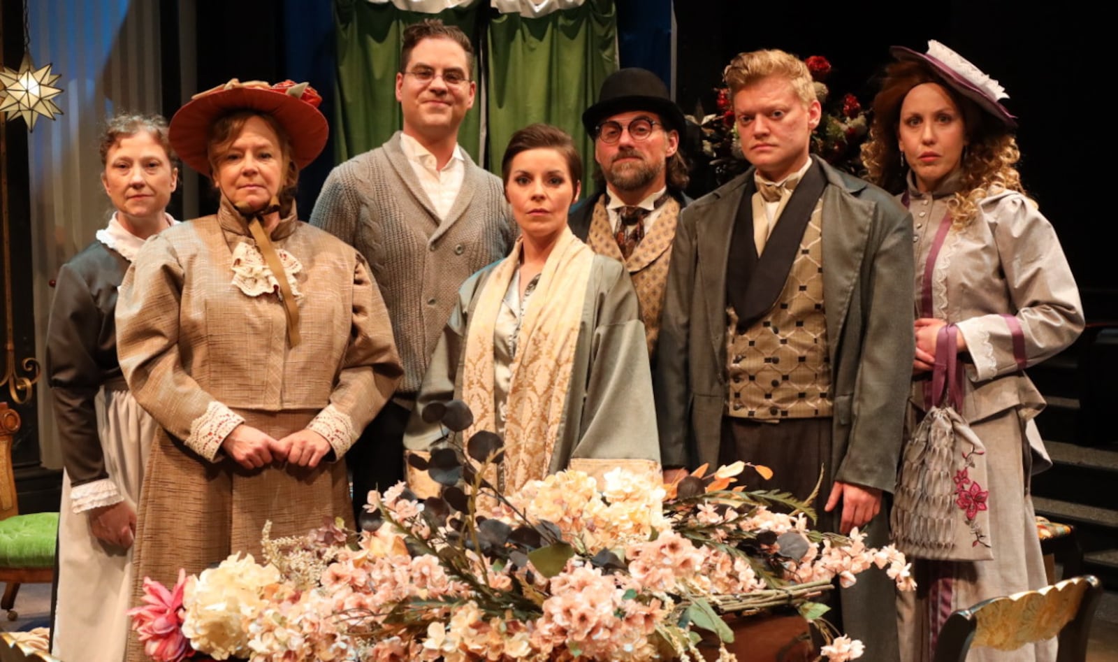 Left to right: Stacey Brewer (Berte), Melissa Ertsgaard (Juliane Tesman), Matt Meier (Jorgen Tesman), Kelli Locker (Hedda Tesman), Zach Katris (Judge Brack), Jared Mola (Ejlert Lovborg) and Kayla Graham (Thea Elvsted) in the Dayton Theatre Guild's production of "Hedda Gabler." COURTESY OF RICK FLYNN PHOTOGRAHY