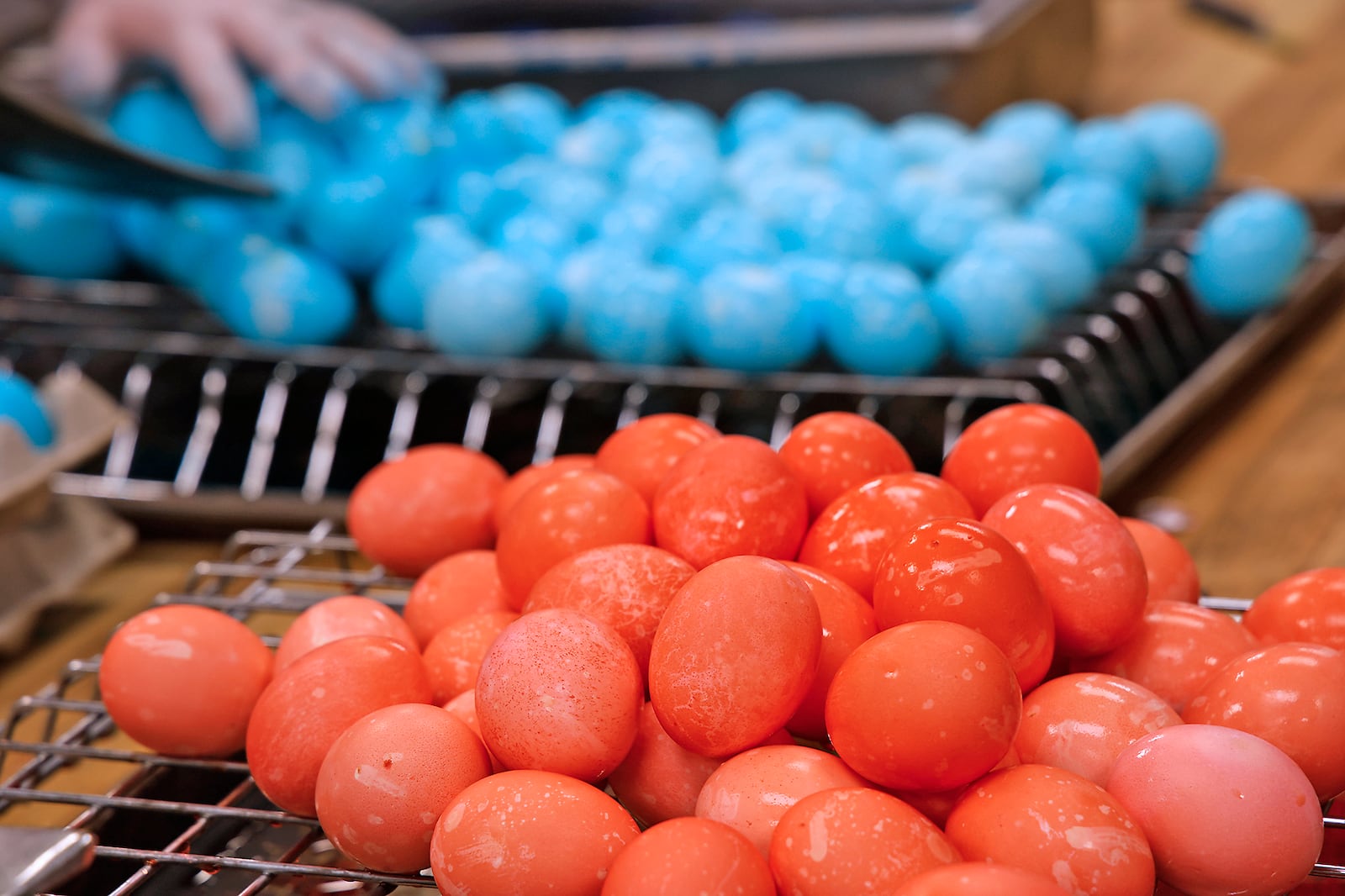 Young's Jersey Dairy employees were busy Tuesday, March 26, 2024 working to color over 10,000 Easter eggs in the restaurant's kitchen. The eggs, which are baked in an oven instead of boiling, are for Young's 41st annual Easter Egg Hunt on Easter Sunday, March 31. BILL LACKEY/STAFF