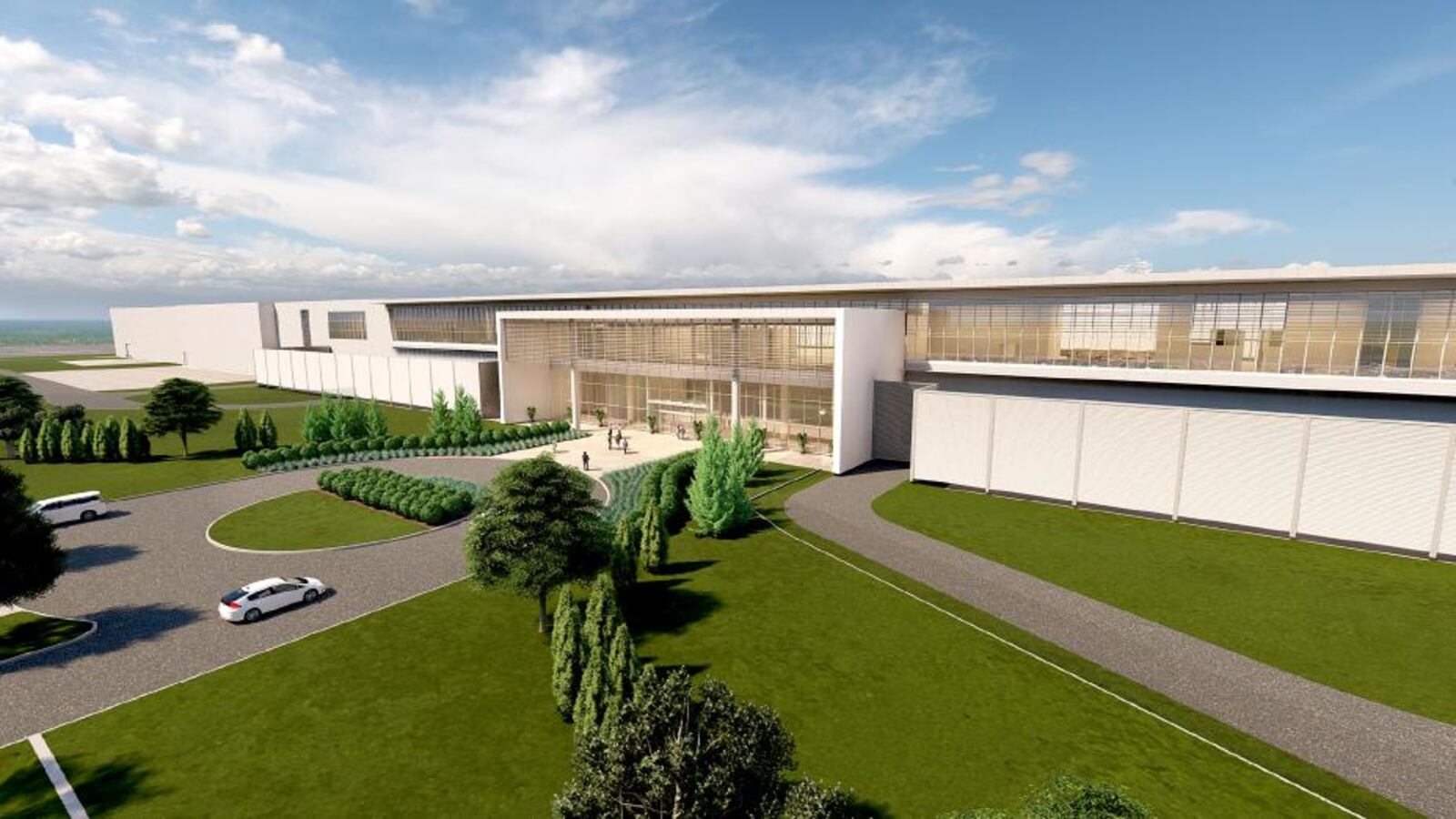 Rendering showing the front of the new Honda/LGES joint venture battery plant in Ohio.