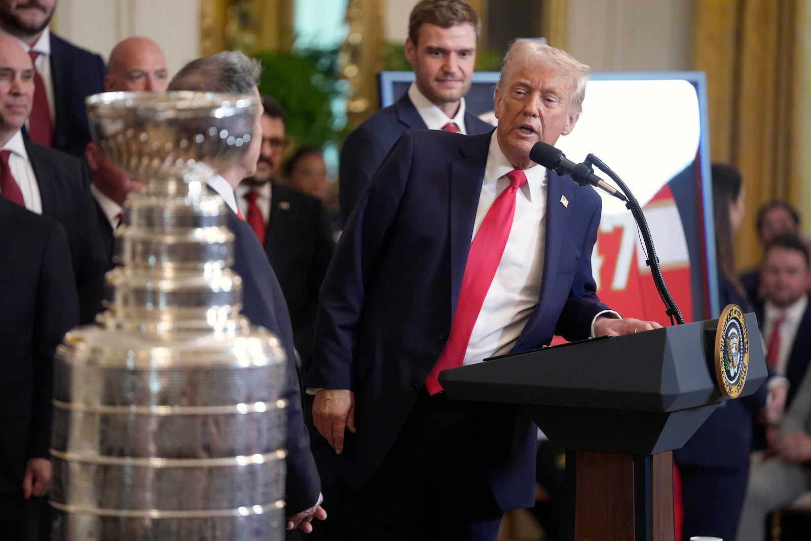 President Donald Trump speaks during an event to honor the 2024 NHL Stanley Cup champion Florida Panthers hockey team in the East Room of the White House, Monday, Feb. 3, 2025, in Washington. (AP Photo/Evan Vucci)