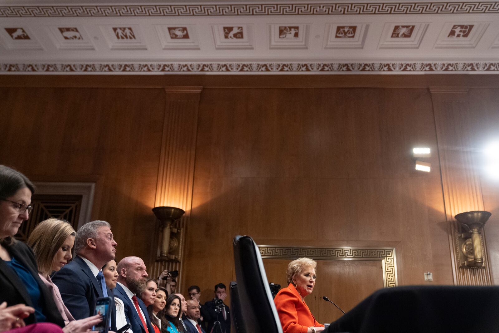 Linda McMahon, President Donald Trump's nominee for Secretary of Education, speaks during a hearing of the Health, Education, and Labor Committee on her nomination, Thursday, Feb. 13, 2025, in Washington. (AP Photo/Jacquelyn Martin)