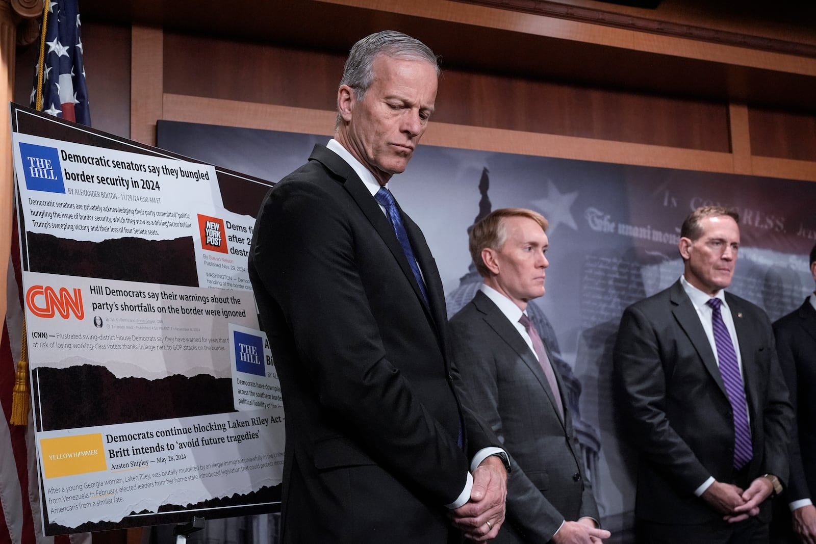 From left, Senate Majority Leader John Thune, R-S.D., Sen. James Lankford, R-Okla., and Sen. Ted Budd, R-N.C., talk to reporters about the Laken Riley Act, a bill to detain unauthorized immigrants who have been accused of certain crimes, at the Capitol in Washington, Thursday, Jan. 9, 2025. Georgia nursing student Laken Riley was killed last year by a Venezuelan man who entered the U.S. illegally and was allowed to stay to pursue his immigration case. (AP Photo/J. Scott Applewhite)