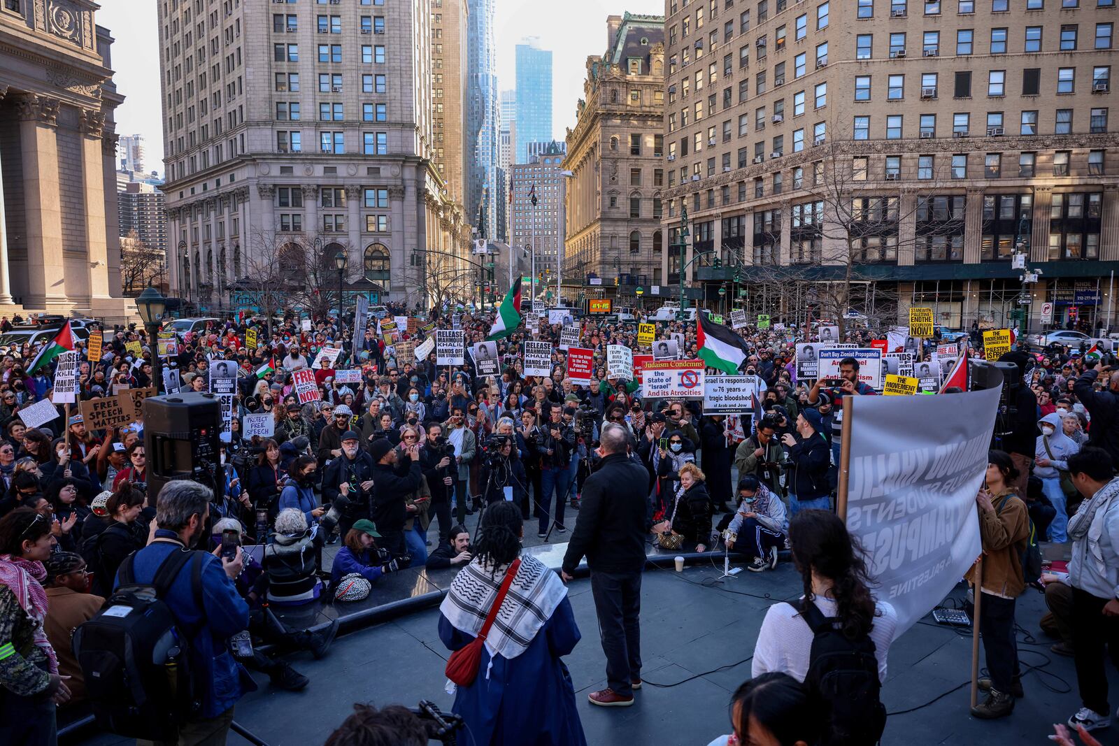 Protestors demonstrate and demand the release of Palestinian activist Mahmoud Khalil, Monday, March 10, 2025, outside the Jacob K. Javits Federal Building in New York. (AP Photo/Yuki Iwamura)