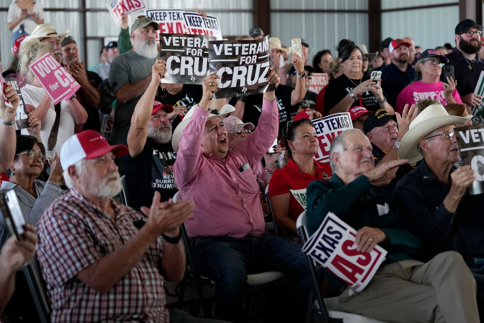 Supporters cheer for Sen. Ted Cruz, R-Texas, during a campaign rally Tuesday, Oct. 29, 2024, in Jourdanton, Texas. (AP Photo/Eric Gay)