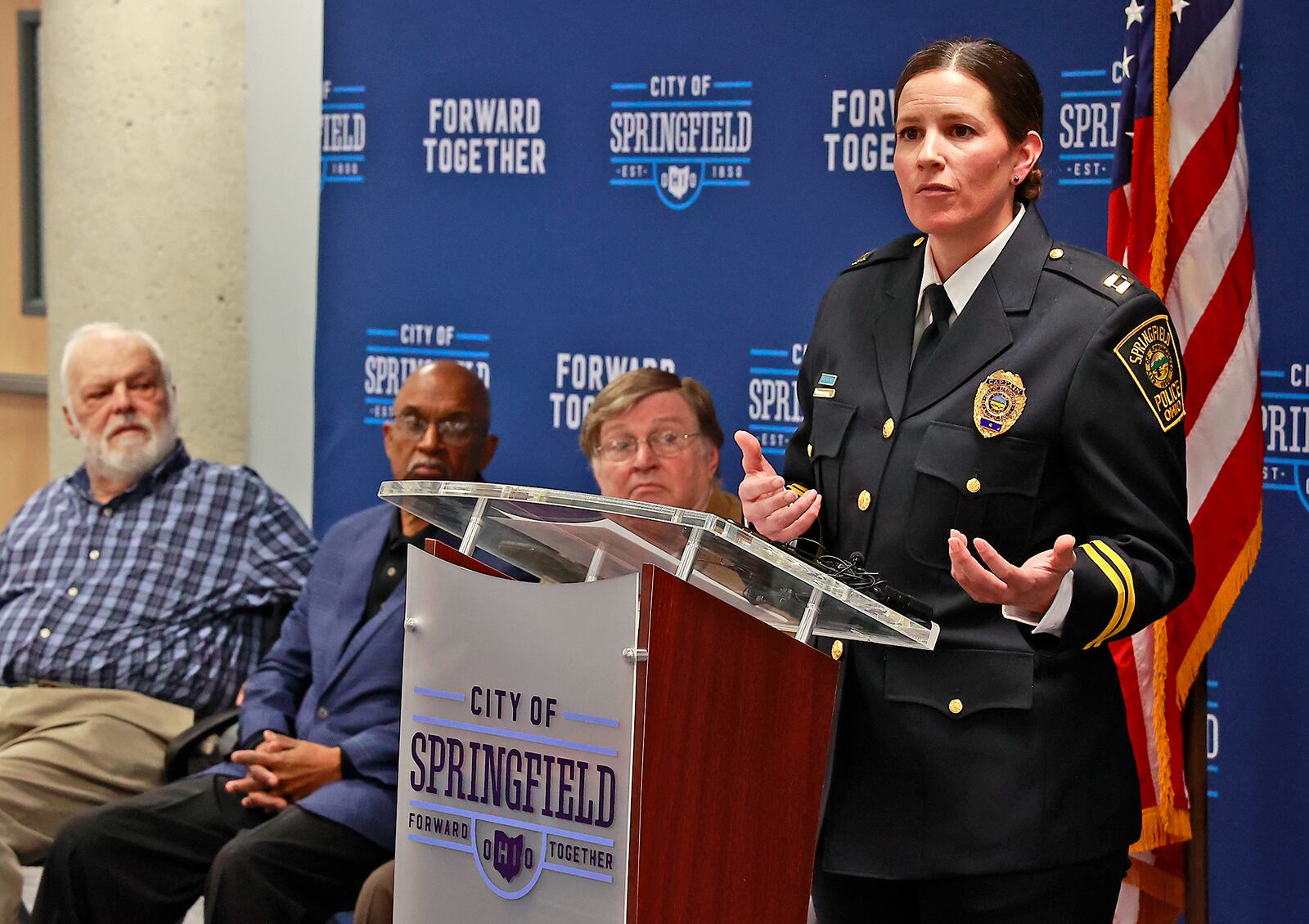 Capt. Allison Elliott, the new Springfield Police Chief, speaks during a press conference announcing her position Monday, Dec. 19, 2022 during a press conference at City Hall. BILL LACKEY/STAFF