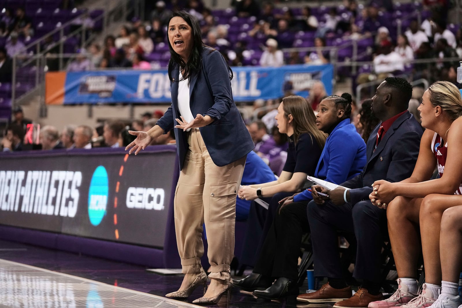 Nebraska head coach Amy Williams reacts to play in the first half in the first round of the NCAA college basketball tournament in Fort Worth, Texas, Friday, March 21, 2025. (AP Photo/Tony Gutierrez)