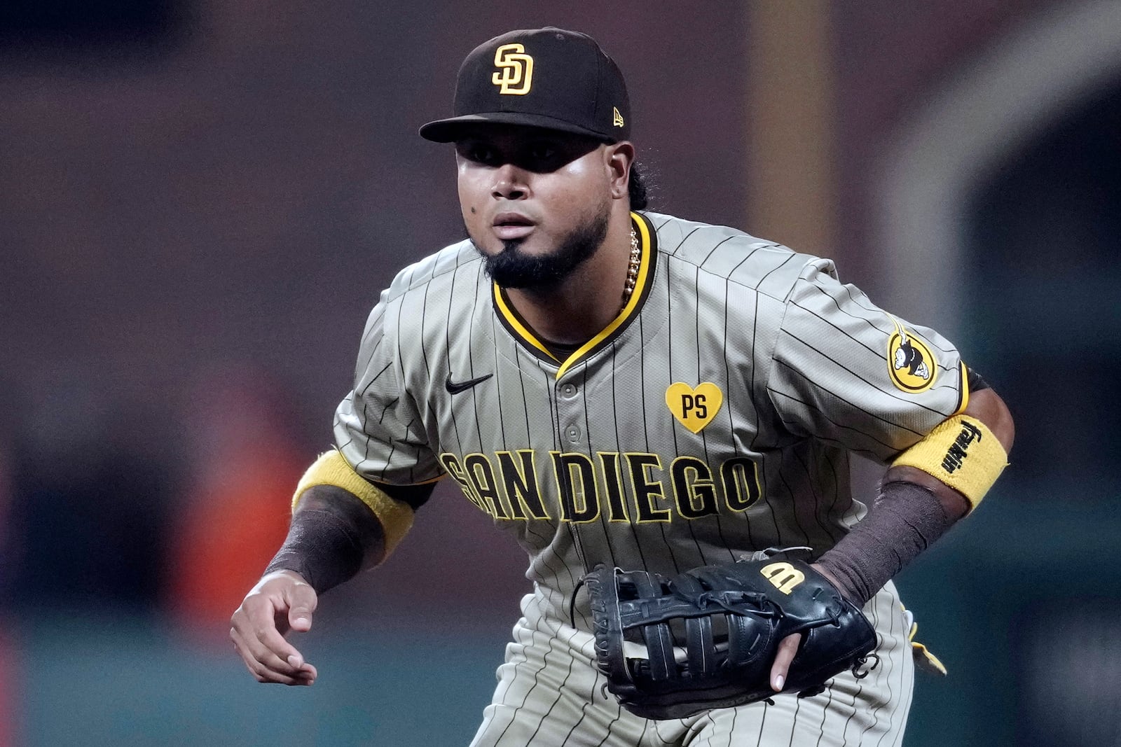 FILE - San Diego Padres' Luis Arraez works the infield during a baseball game against the San Francisco Giants in San Francisco, Friday, Sept. 13, 2024. (AP Photo/Jeff Chiu, File)