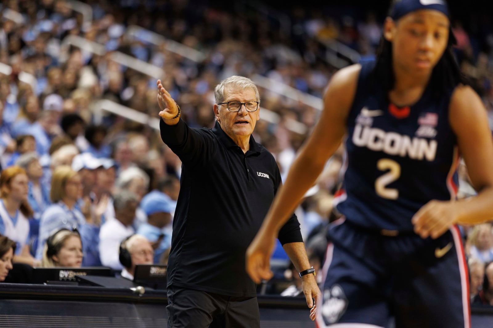 UConn head coach Geno Auriemma directs his team during the second half of an NCAA college basketball game against North Carolina in Greensboro, N.C., Friday, Nov. 15, 2024. (AP Photo/Ben McKeown)