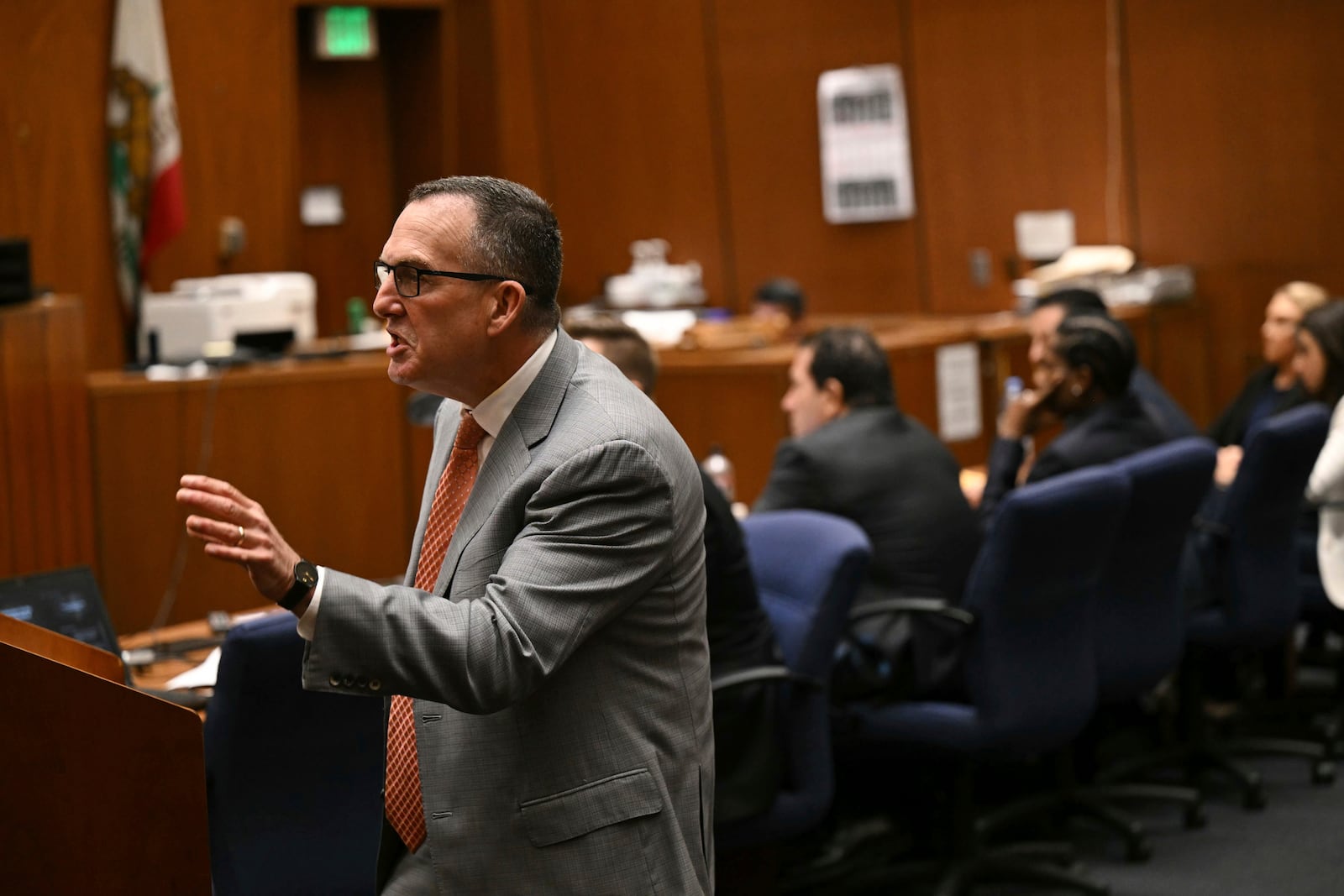 Deputy District Attorney John Lewin speaks during A$AP Rocky's trial in Los Angeles, Friday, Feb. 14, 2025. (Patrick T. Fallon/Pool Photo via AP)