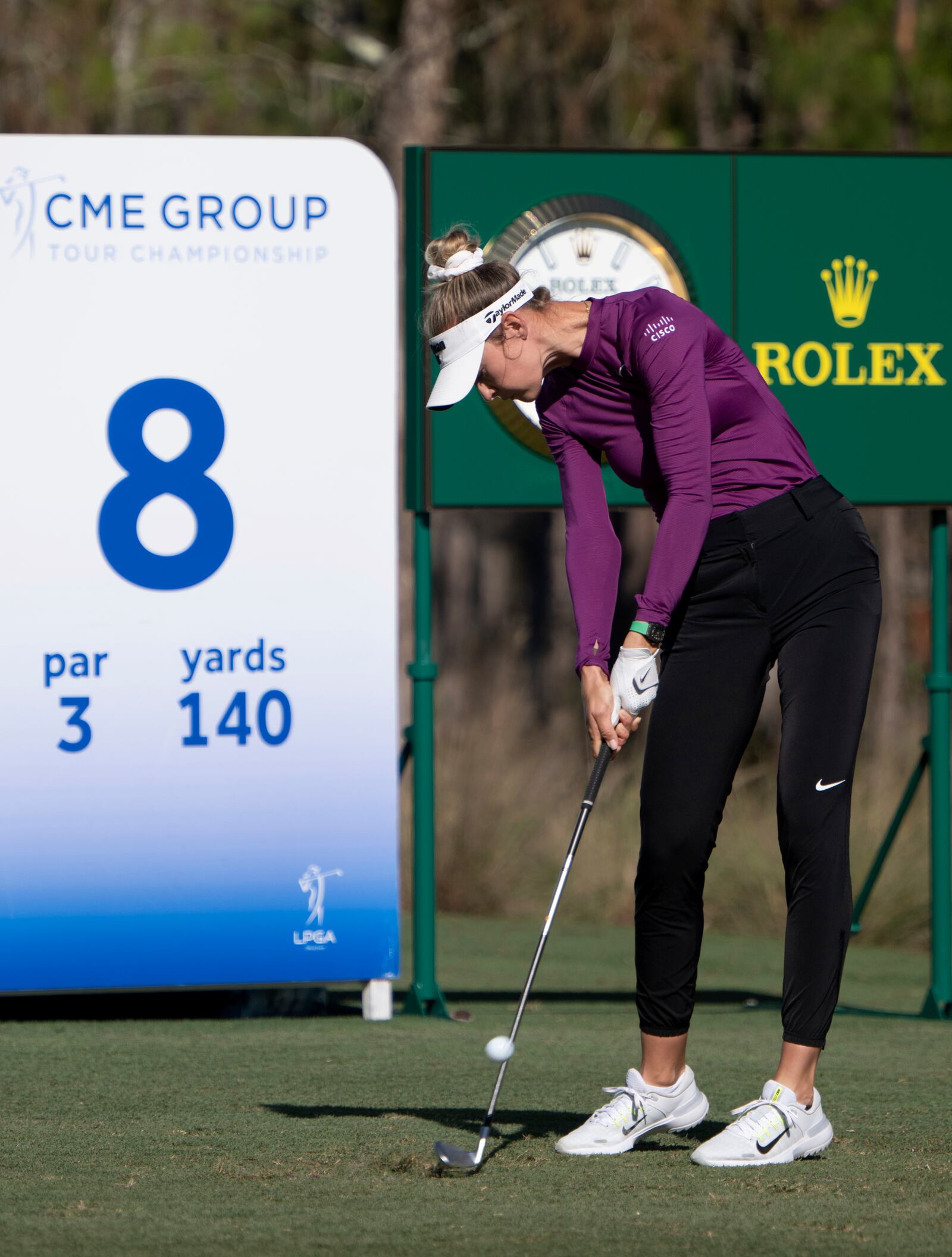 Nelly Korda tees off on the first hole during the first round of the LPGA CME Group Tour Championship golf tournament Thursday, Nov. 21, 2024, in Naples, Fla. (AP Photo/Chris Tilley)