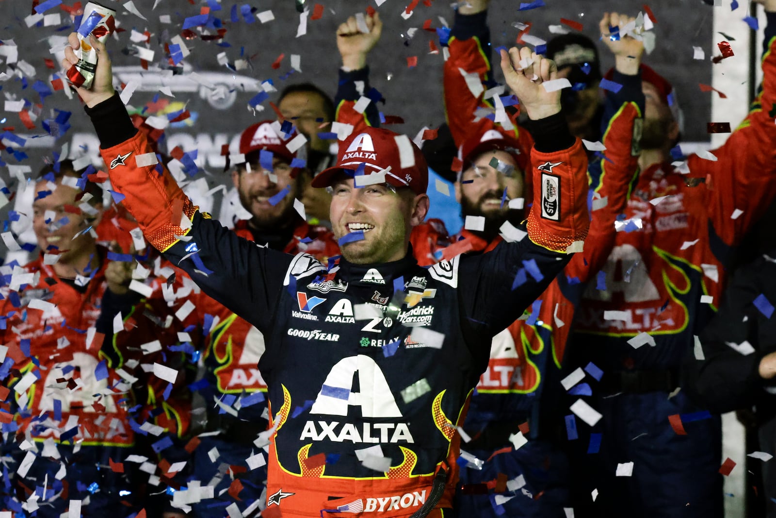 William Byron celebrates after winning the NASCAR Daytona 500 auto race at Daytona International Speedway, Sunday, Feb. 16, 2025, in Daytona Beach, Fla. (AP Photo/Terry Renna)