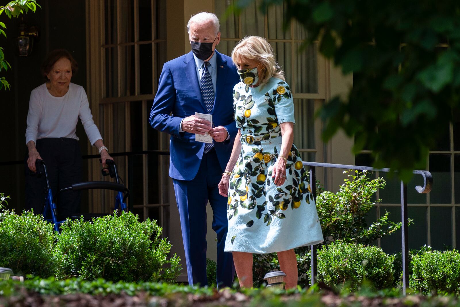 FILE - Former first lady Rosalynn Carter looks on as President Joe Biden and first lady Jill Biden leave the home of former President Jimmy Carter during a trip to mark Biden's 100th day in office, Thursday, April 29, 2021, in Plains, Ga. (AP Photo/Evan Vucci, File)