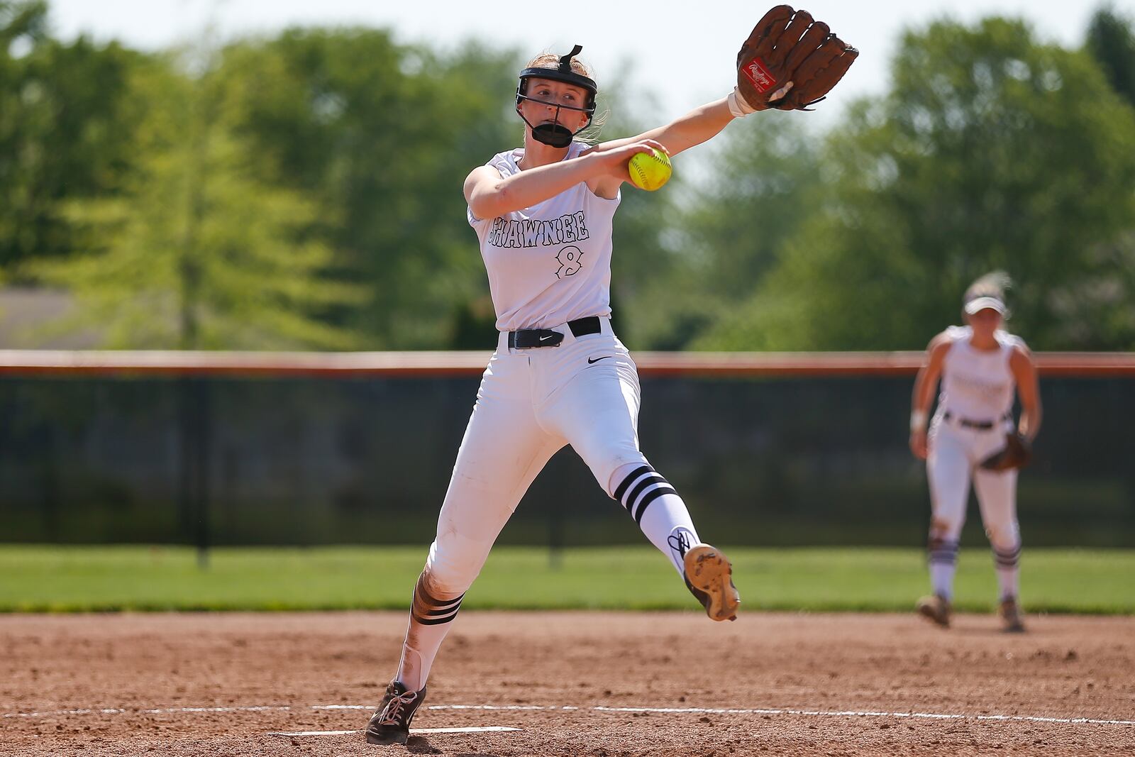 Shawnee High School junior pitcher Ava Wills motions towards the plate during their game against Eaton on Friday, May 20, 2022, at Arcanum High School. Photo by Michael Cooper