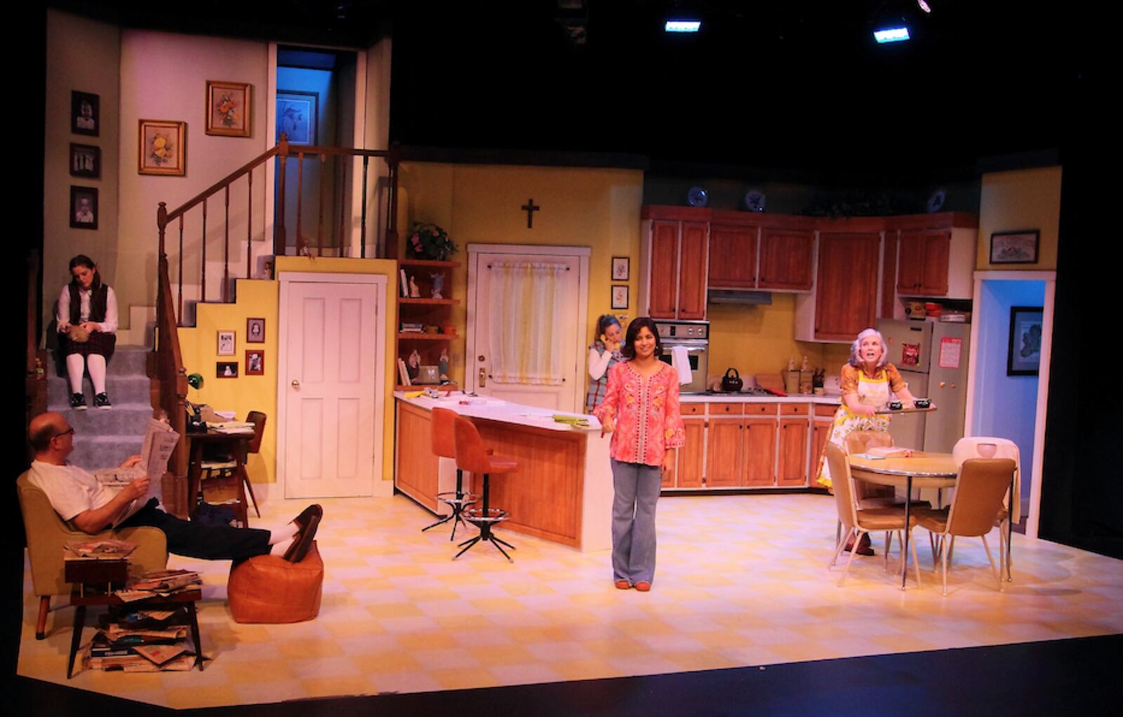 left to right: Jason Podplesky (Mike O'Shea), Lizzie Huelskamp (Becky O'Shea), Mierka Girten (Terri Carmichael), Cecily Dowd (Linda O'Shea) and Christine Brunner (Josephine O'Shea) in the Human Race Theatre Company's production of "Incident at Our Lady of Perpetual Help." PHOTO BY SCOTT J. KIMMINS