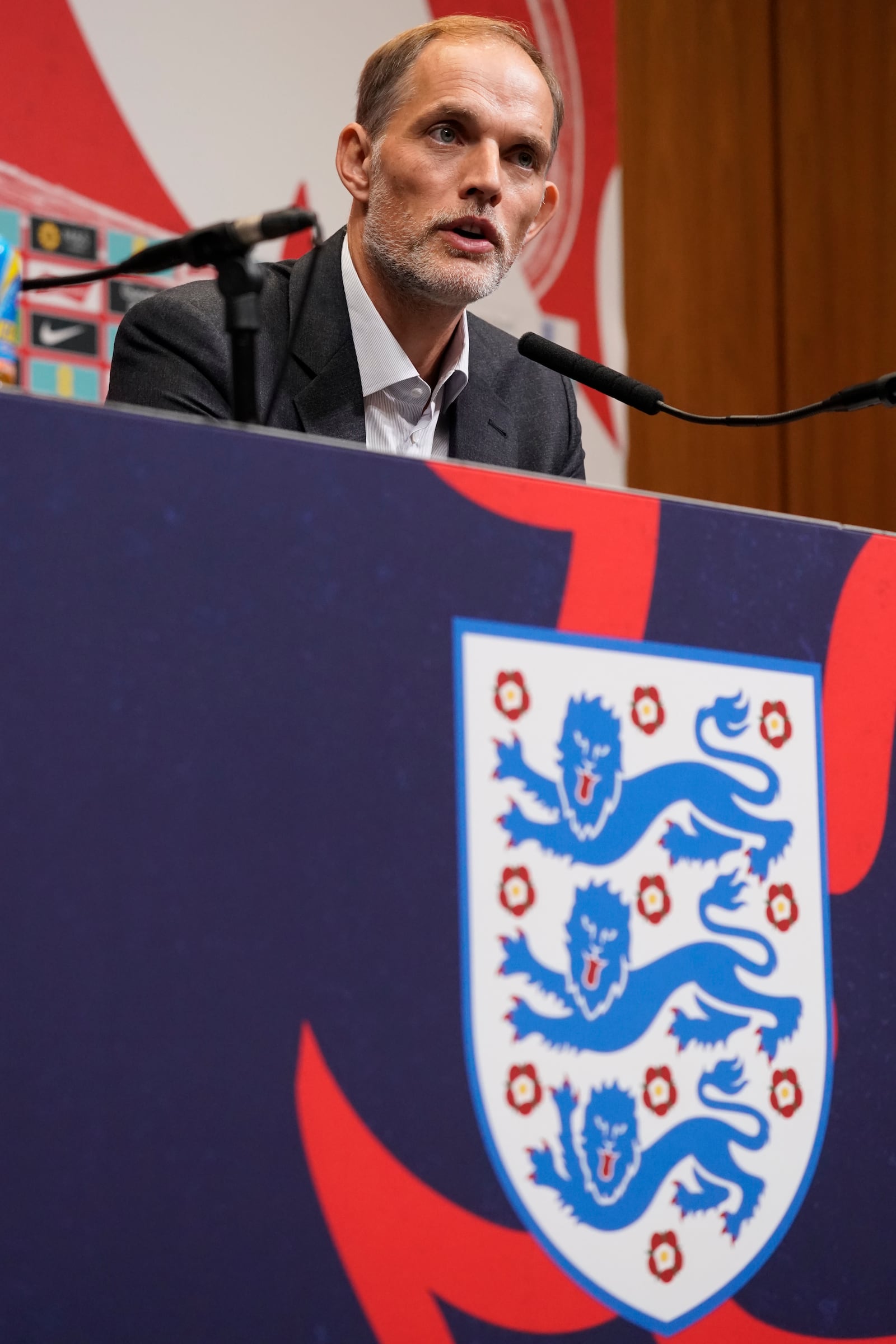 The newly appointed England men's soccer team manager Thomas Tuchel speaks during a press conference held at Wembley Stadium in London, Wednesday, Oct. 16, 2024. (AP Photo/Alberto Pezzali)