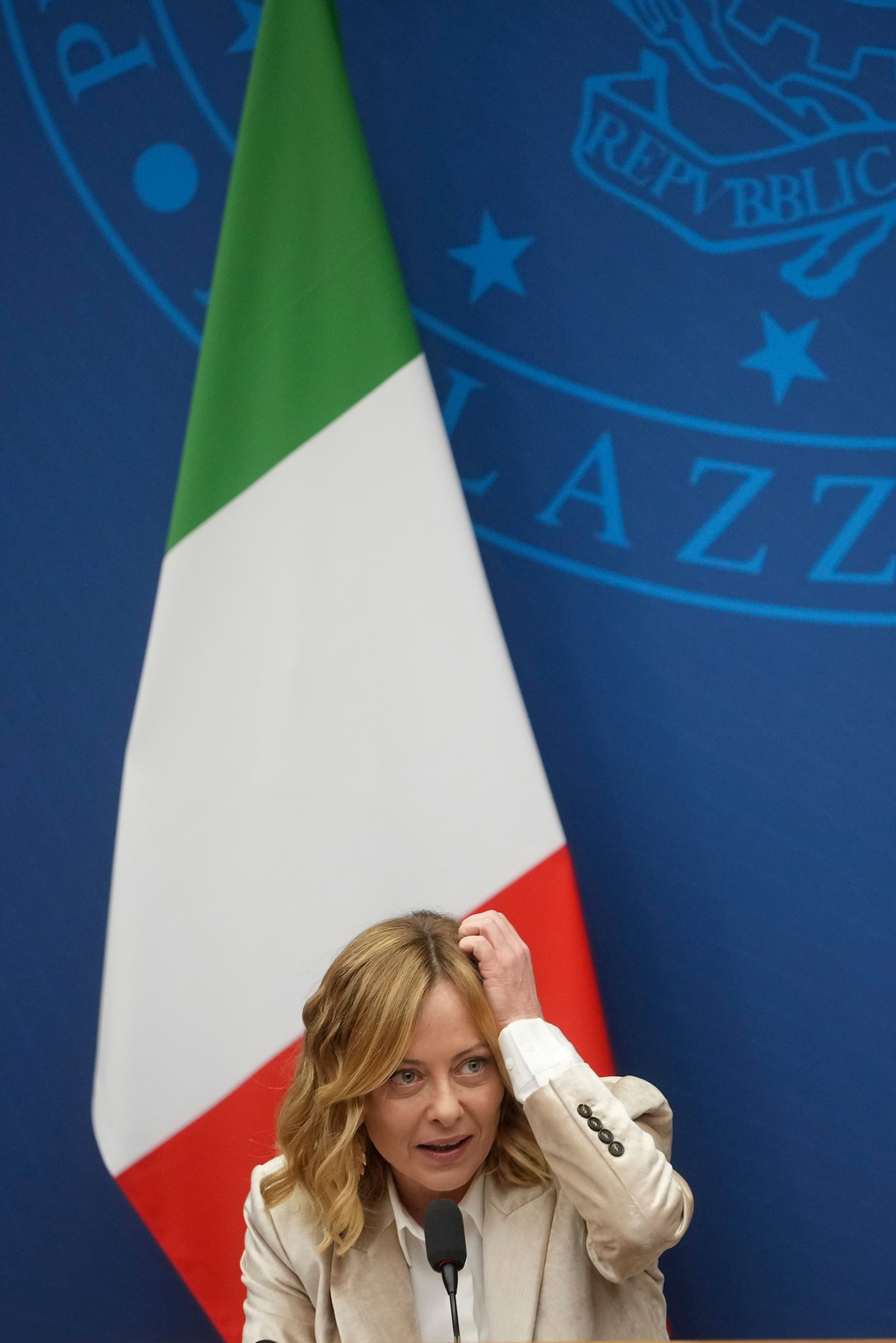 Italian Premier Giorgia Meloni holds the 2024 year-end press conference, in Rome, Thursday, Jan. 9, 2025. (AP Photo/Alessandra Tarantino)