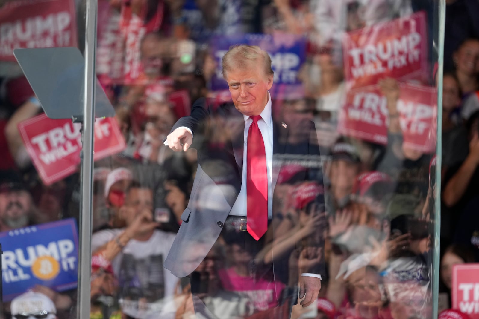 Republican presidential nominee former President Donald Trump arrives at a campaign rally in Gastonia, N.C., Saturday, Nov. 2, 2024. (AP Photo/Chris Carlson)