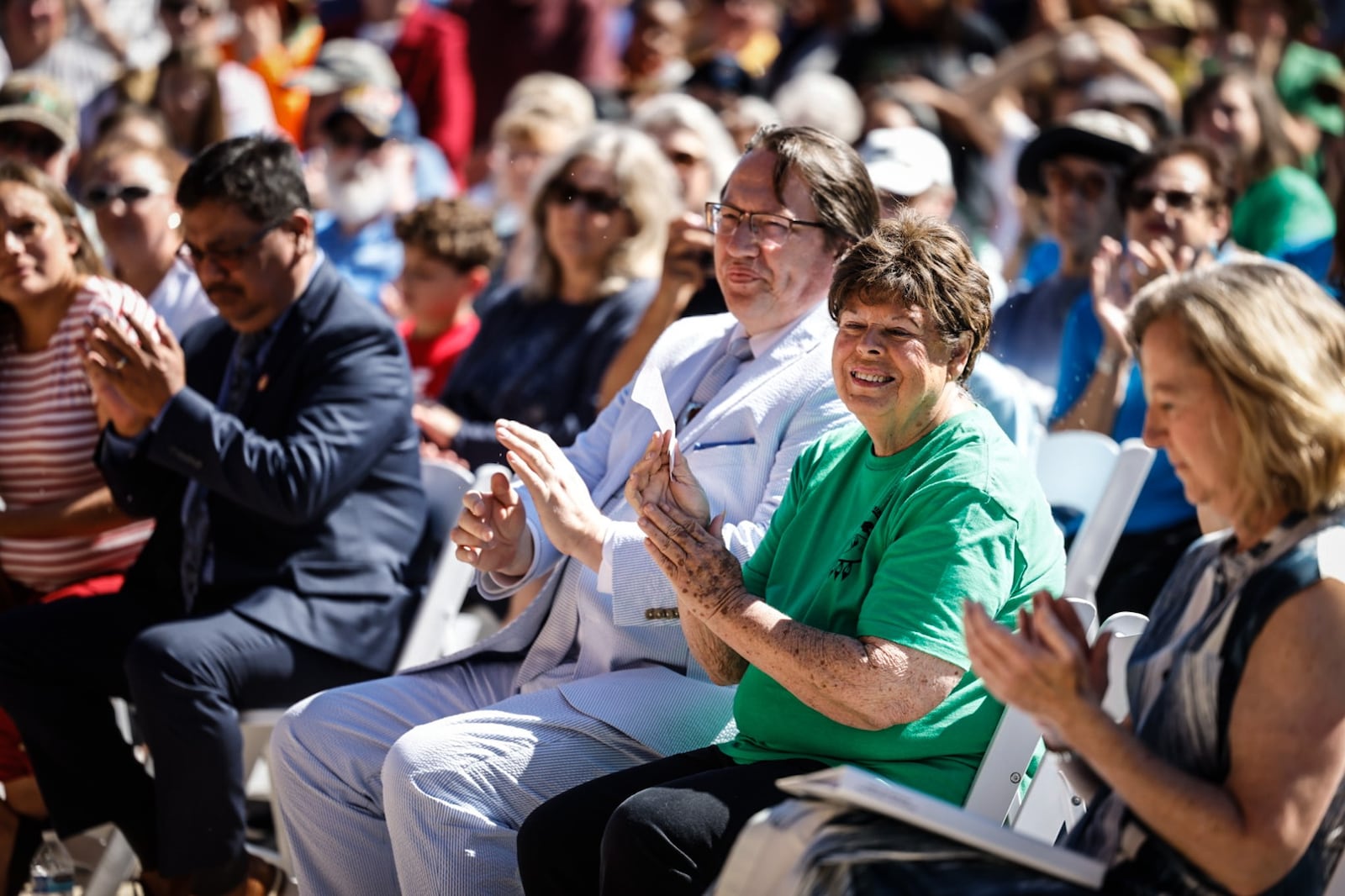 From right, Ohio Department of Natural Resources Director Mary Mertz, Chief of the Eastern Shawnee Tribe of Oklahoma Glenna Wallace and Chief of the Shawnee Tribe Ben Barnes attended the ribbon cutting ceremony of the Great Council State Park Friday, June 7, 2024. JIM NOELKER/STAFF