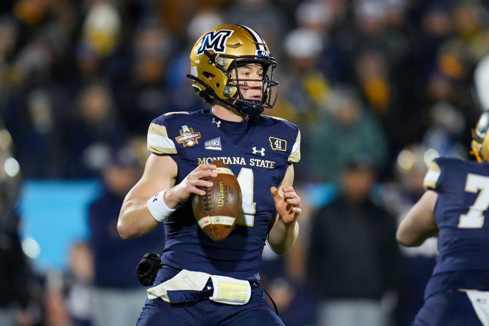 Montana State quarterback Tommy Mellott looks to pass against North Dakota State during the first half of the FCS Championship NCAA college football game, Monday, Jan. 6, 2025, in Frisco, Texas. (AP Photo/Julio Cortez)