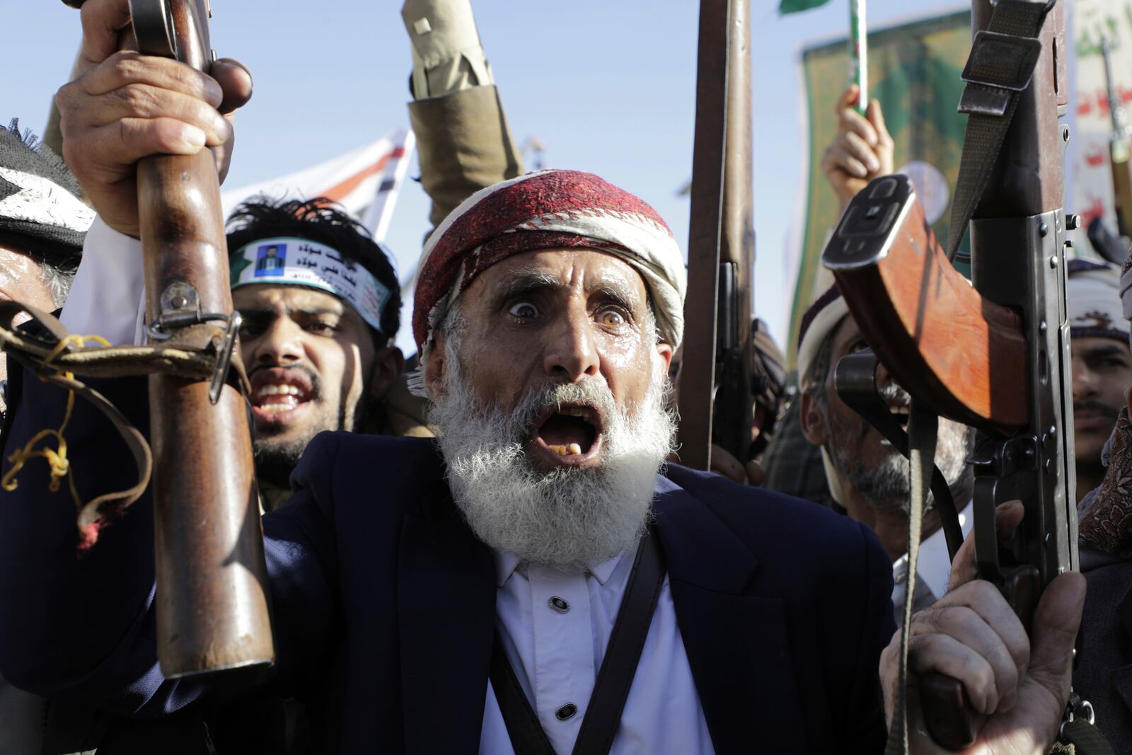 A Houthi supporter shouts slogans during during an anti-U.S and Israel rally in Sanaa, Yemen, Friday, Jan. 17, 2025. (AP Photo/Osamah Abdulrahman)