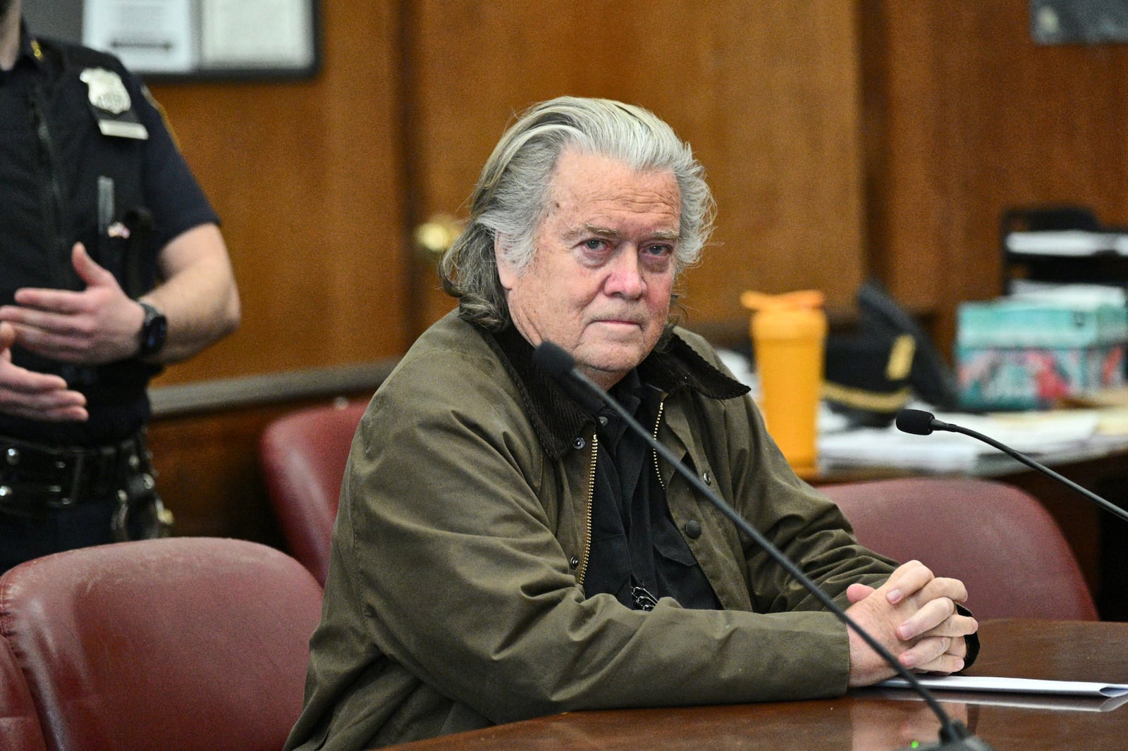 Steve Bannon pleads guilty to a fraud charge related to the “We Build the Wall" scheme, Tuesday, Feb. 11, 2025, at the state court in New York. (Curtis Means/Pool Photo via AP)