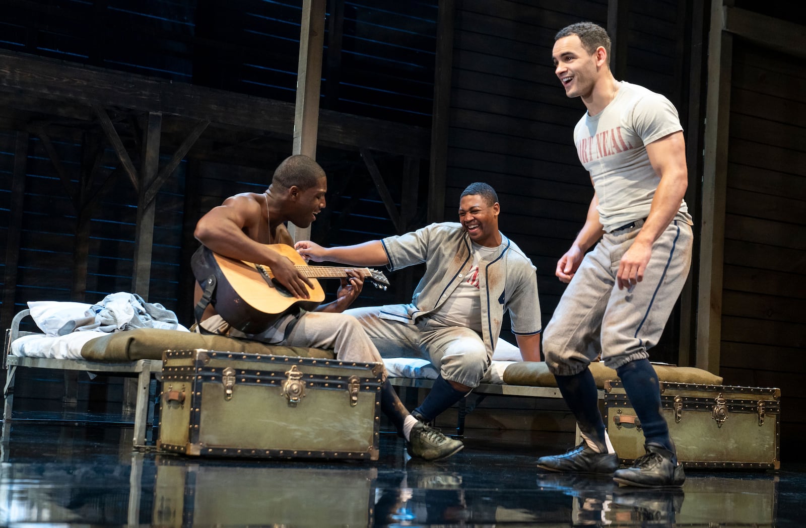 Left to right: Sheldon D. Brown (Private C.J. Memphis), Branden Davon Lindsay (Private Louis Henson), and Will Adams (Corporal Bernard Cobb) in "A Soldier's Play," co-presented by Dayton Live and Human Race Theatre Company. PHOTO BY JOAN MARCUS