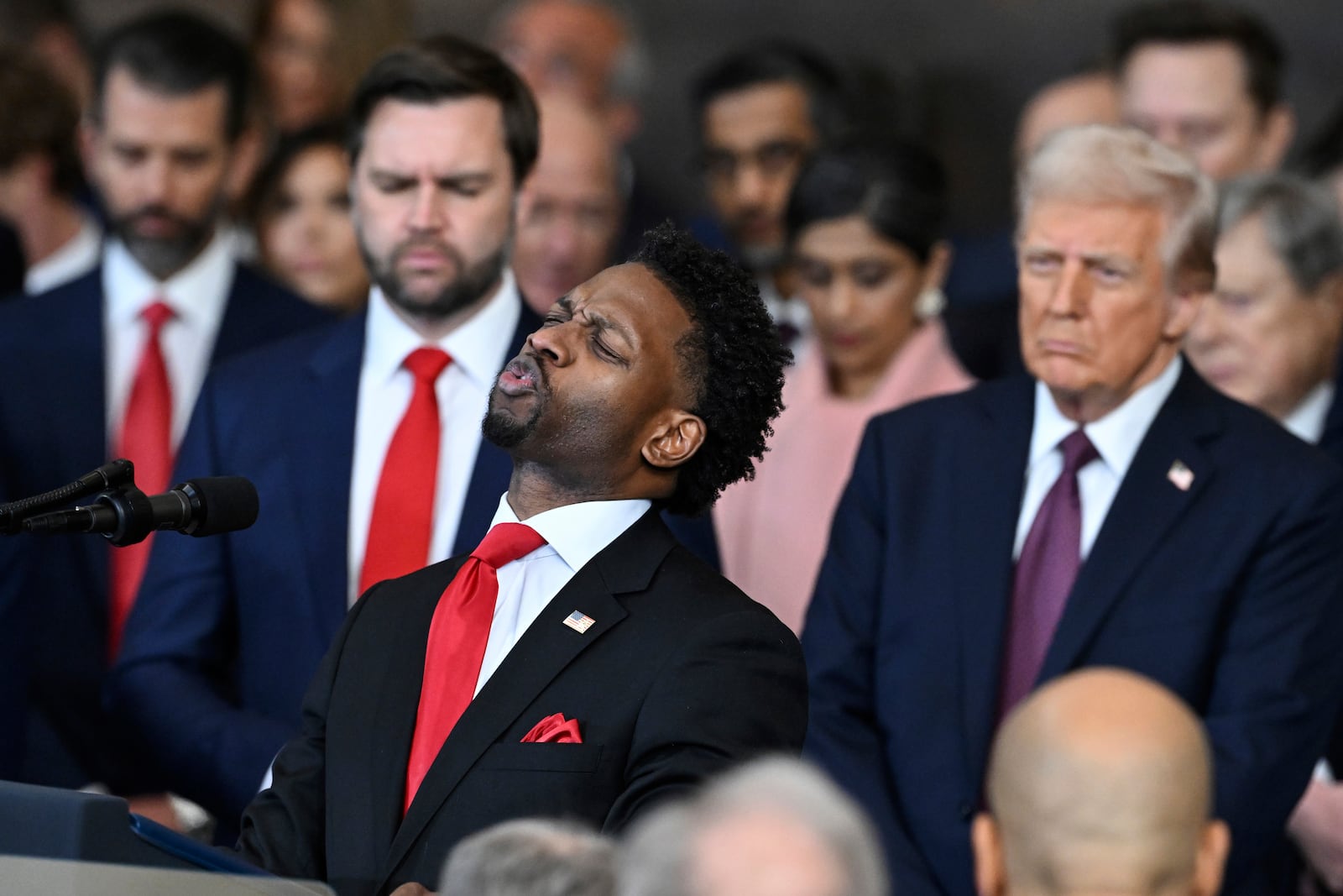 Pastor of 180 Church Lorenzo Sewell, delivers a benediction after President Donald Trump was sworn in during the 60th Presidential Inauguration in the Rotunda of the U.S. Capitol in Washington, Monday, Jan. 20, 2025. (Saul Loeb/Pool photo via AP)