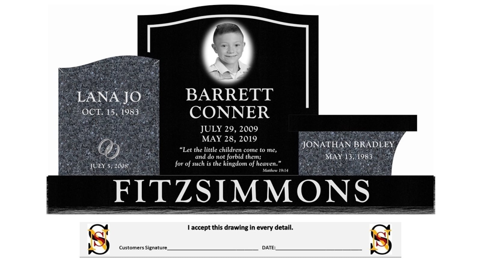 This rendering shows the front of the headstone design for the Fitzsimmons family. Rendering provided by The Stuckey Firm LLC.