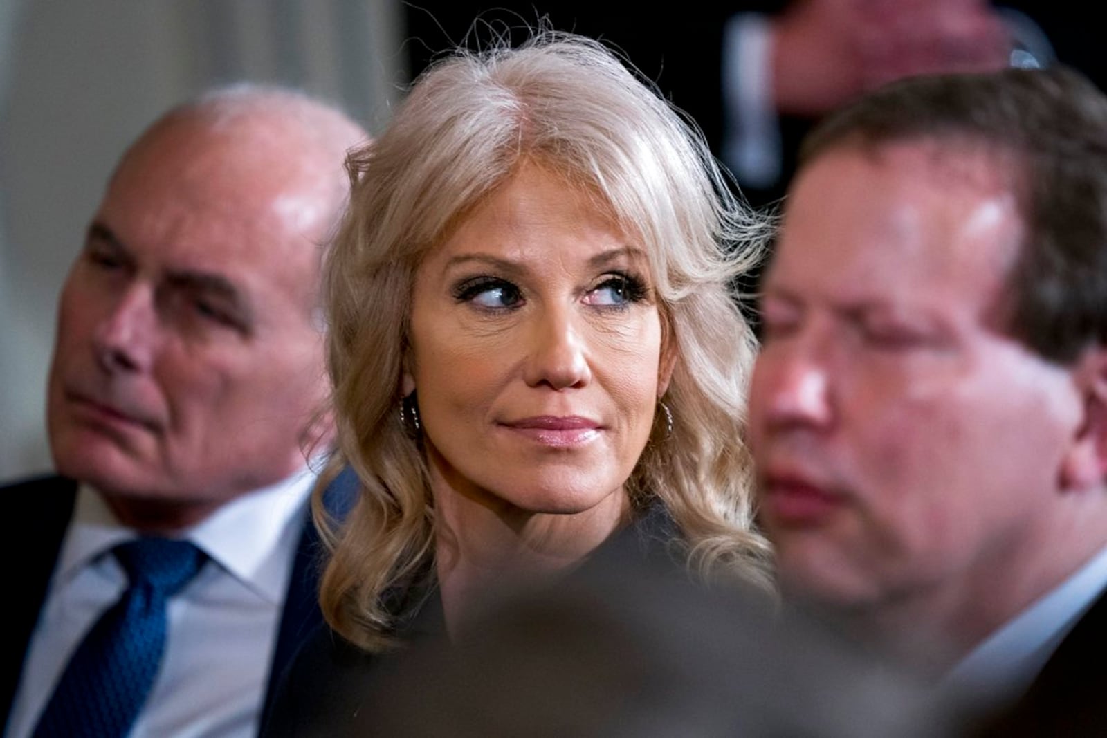 From left, President Donald Trump's Chief of Staff John Kelly, and Counselor to the President Kellyanne Conway attend a joint news conference with President Donald Trump and Swedish Prime Minister Stefan Lofven in the East Room at the White House, Tuesday, March 6, 2018, in Washington. (AP Photo/Andrew Harnik)