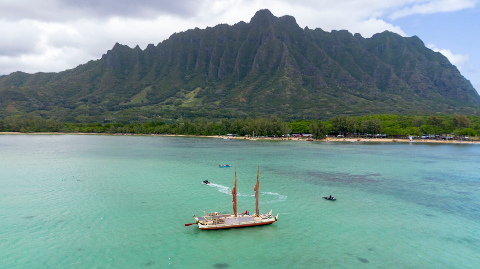 Hokulea is pictured at the shore of Kualoa Regional Park after its 50th birthday commemoration, Saturday, March 8, 2025, in Kaneohe, Hawaii. (AP Photo/Mengshin Lin)