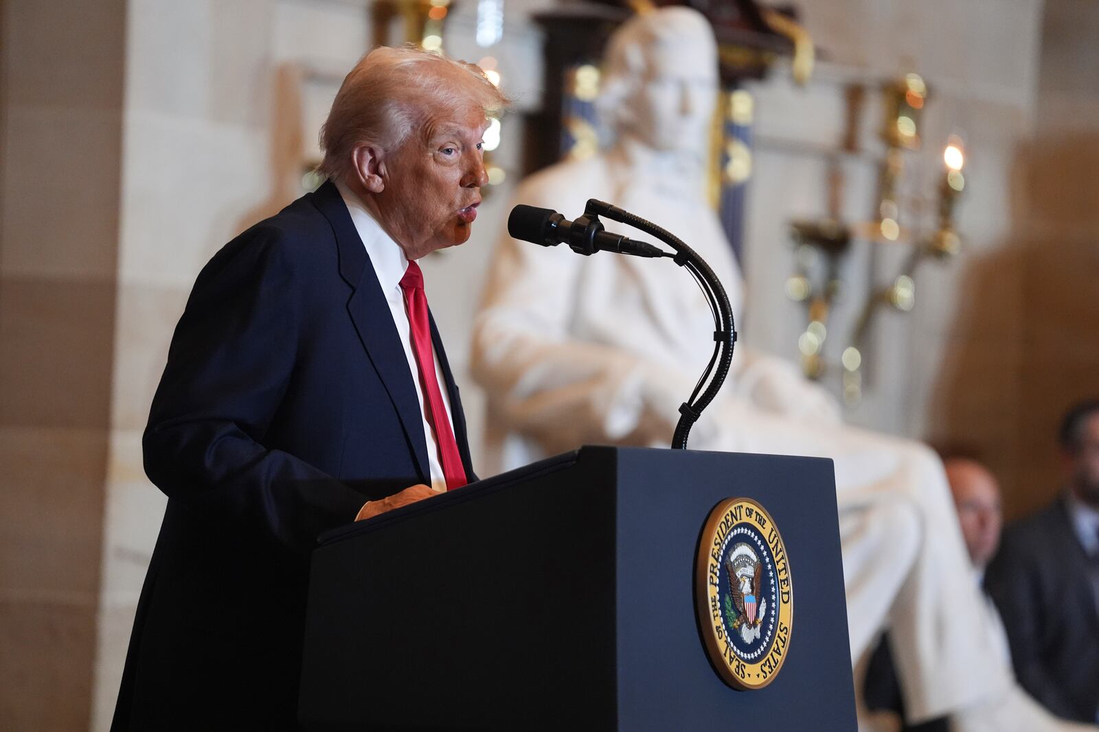 President Donald Trump speaks during the National Prayer Breakfast, at the Capitol in Washington, Thursday, Feb. 6, 2025. (AP Photo/Evan Vucci)