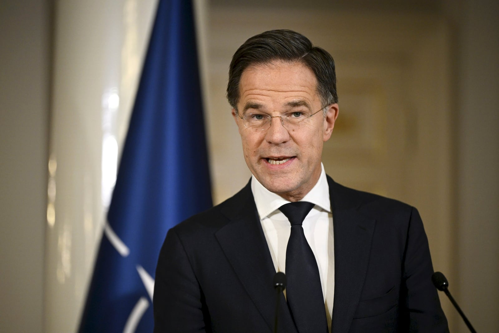 Nato's Secretary General Mark Rutte addresses the media during a press conference as part of a summit of the Baltic Sea NATO countries in Helsinki, Finland, Tuesday, Jan. 14, 2025. (Antti Aimo-Koivisto/Lehtikuva via AP)