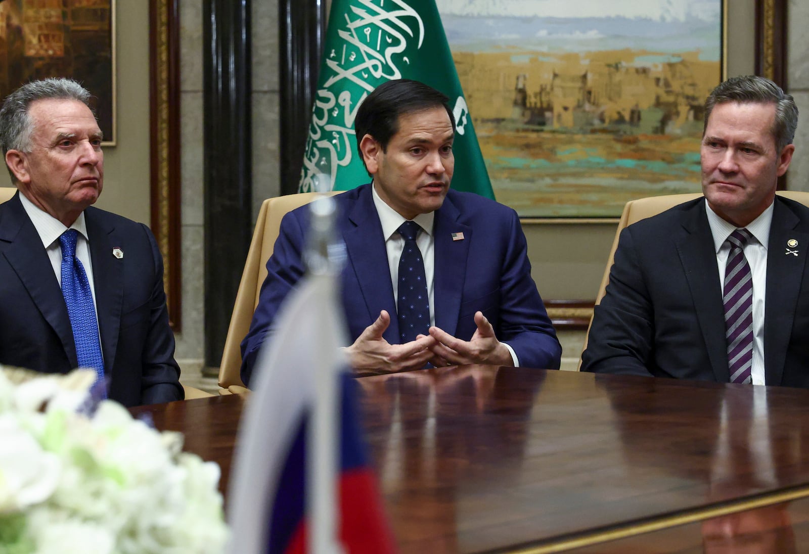 U.S. Secretary of State Marco Rubio, U.S. National Security Advisor Mike Waltz, and U.S. Middle East envoy Steve Witkoff attend an interview after meeting with Russian Foreign Minister Sergei Lavrov and Russian President Vladimir Putin's foreign policy advisor Yuri Ushakov, at Diriyah Palace, in Riyadh, Saudi Arabia, Tuesday, Feb. 18, 2025. (Evelyn Hockstein/Pool Photo via AP)