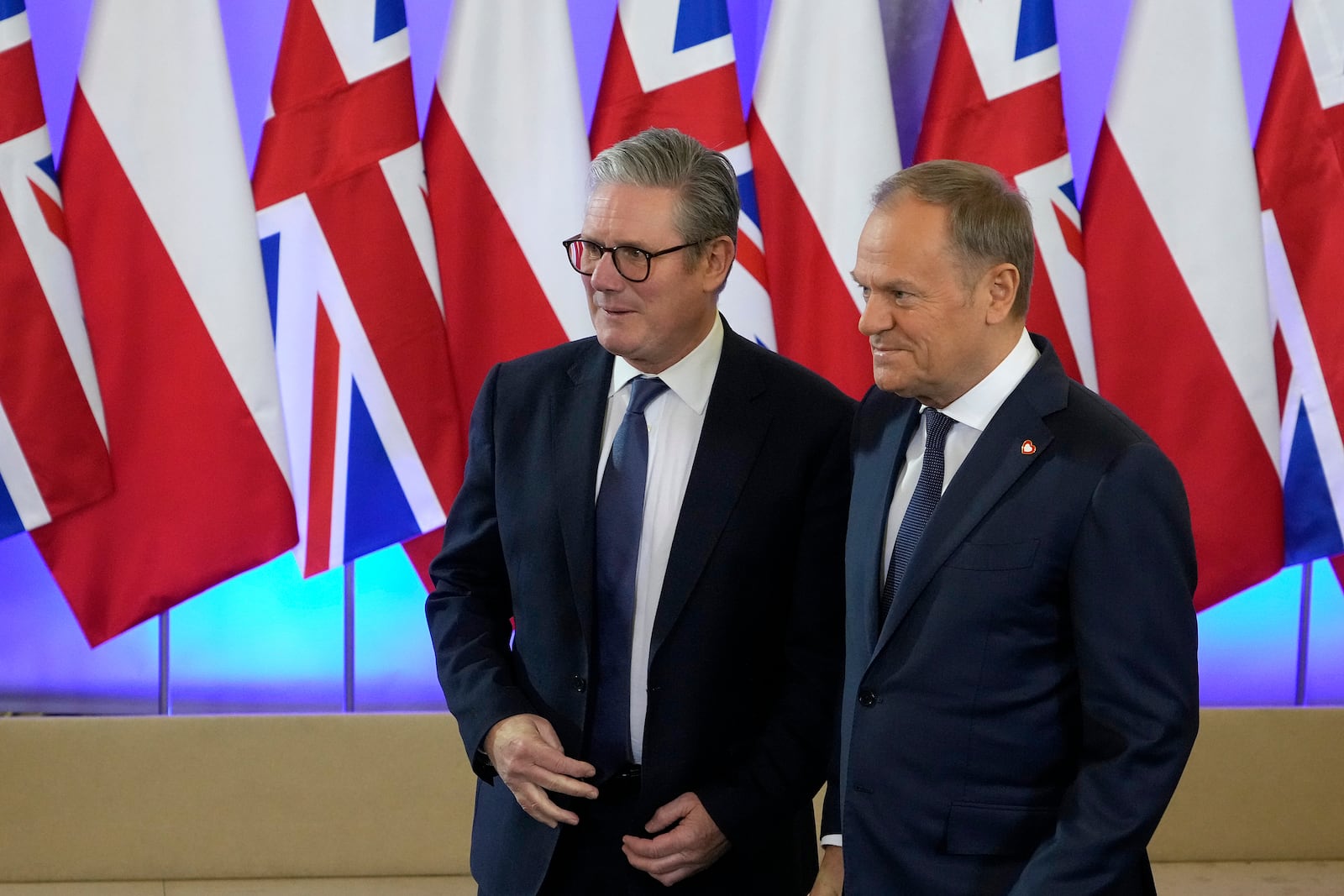 Britain's Prime Minister Keir Starmer meets Polish Prime Minister Donald Tusk, right, in Warsaw, Friday, Jan. 17, 2025. (AP Photo/Czarek Sokolowski)