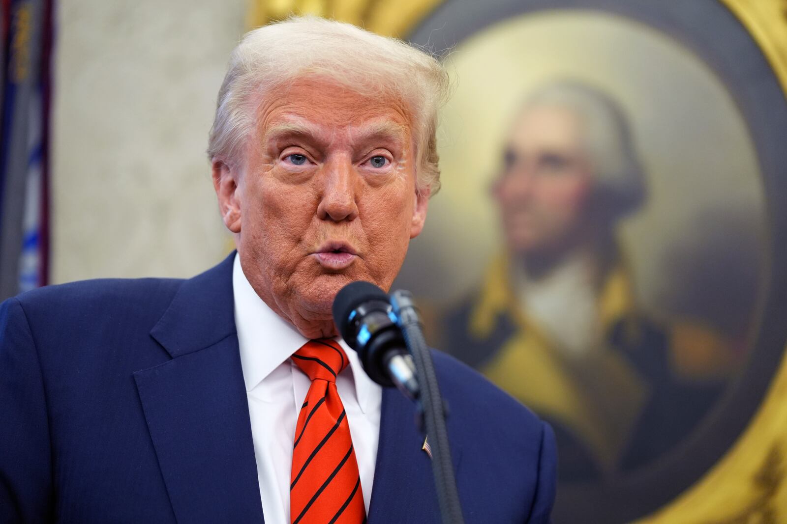 President Donald Trump speaks before Pam Bondi is sworn in as Attorney General by Supreme Court Associate Justice Clarence Thomas, in the Oval Office of the White House, Wednesday, Feb. 5, 2025, in Washington. (AP Photo/Evan Vucci)