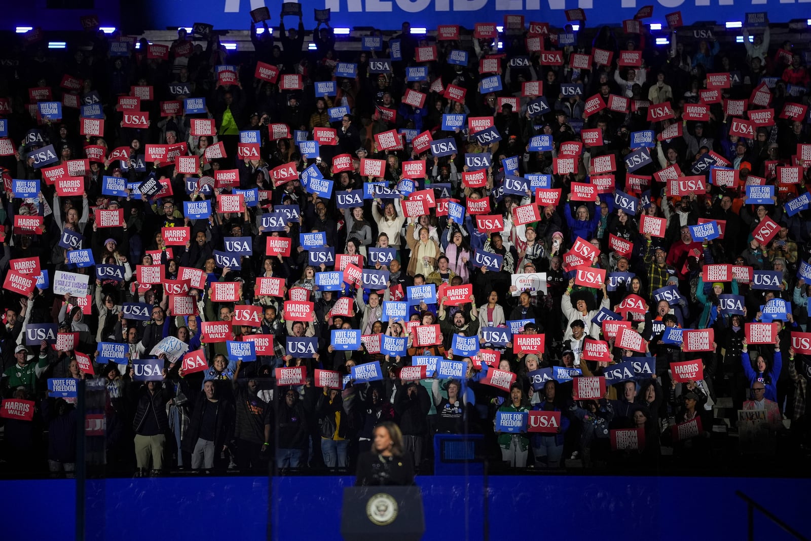 Democratic presidential nominee Vice President Kamala Harris speaks during a campaign rally outside the Philadelphia Museum of Art, Monday, Nov. 4, 2024, in Philadelphia. (AP Photo/Matt Slocum)