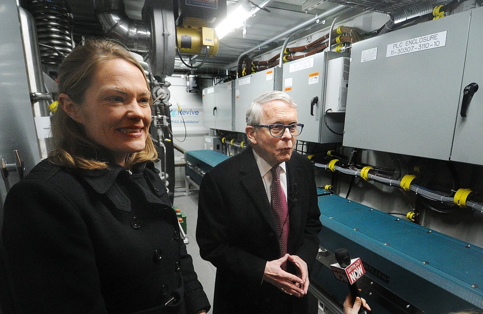 Ohio EPA director Anne Vogel and Ohio Gov.Mike DeWine visited Wright State University's Calamityville campus Monday, March 18, 2024 to officially launch Ohio's new statewide program to annihilate hazardous per- and polyfluoroalkyl substances (PFAS) in firefighting foam. MARSHALL GORBY\STAFF