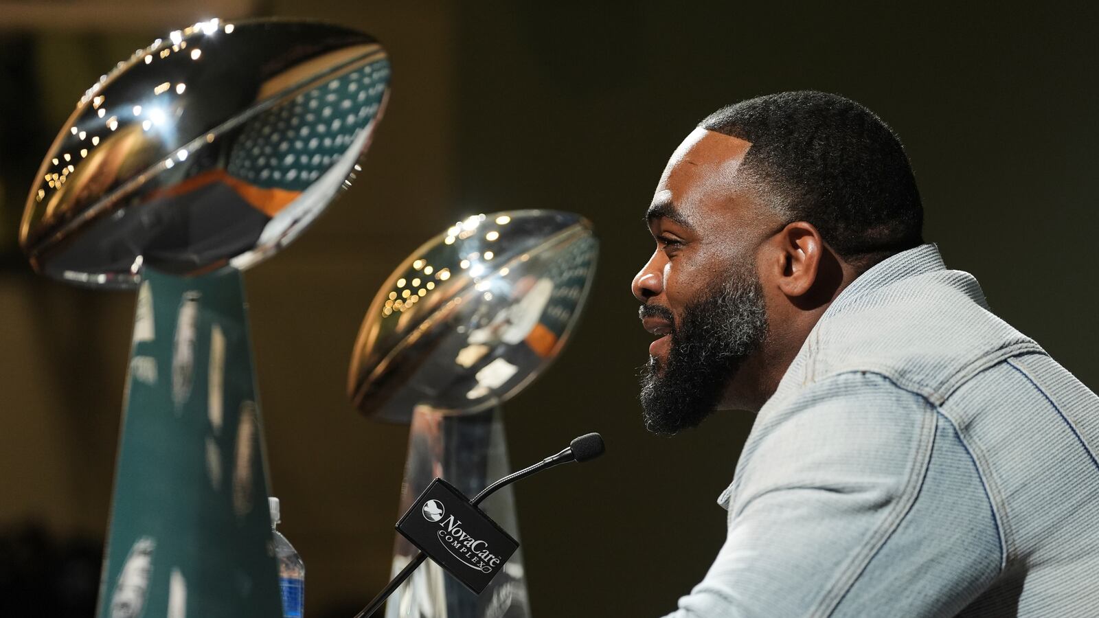 Brandon Graham speaks during a news conference announcing his retirement, Tuesday, March 18, 2025, at the Philadelphia Eagles' NFL football training facility in Philadelphia. (AP Photo/Matt Rourke