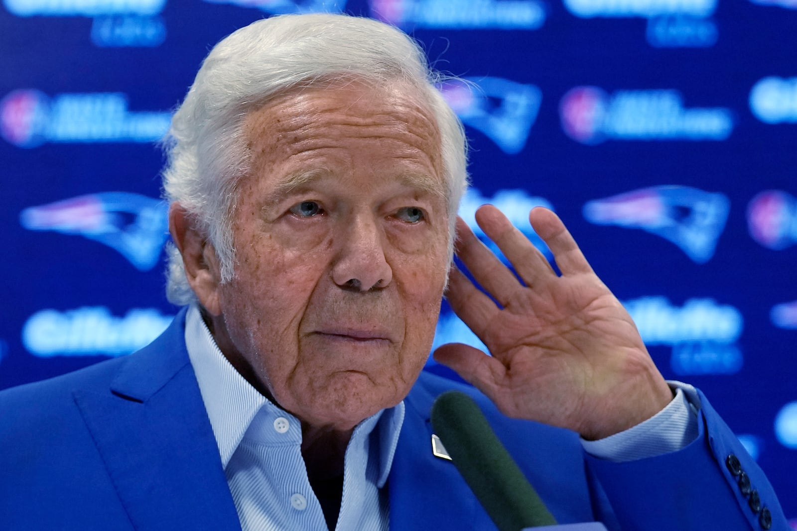 New England Patriots owner Robert Kraft listens to a reporter's question during a media availability, Monday, Jan. 6, 2025, in Foxborough, Mass. (AP Photo/Charles Krupa)