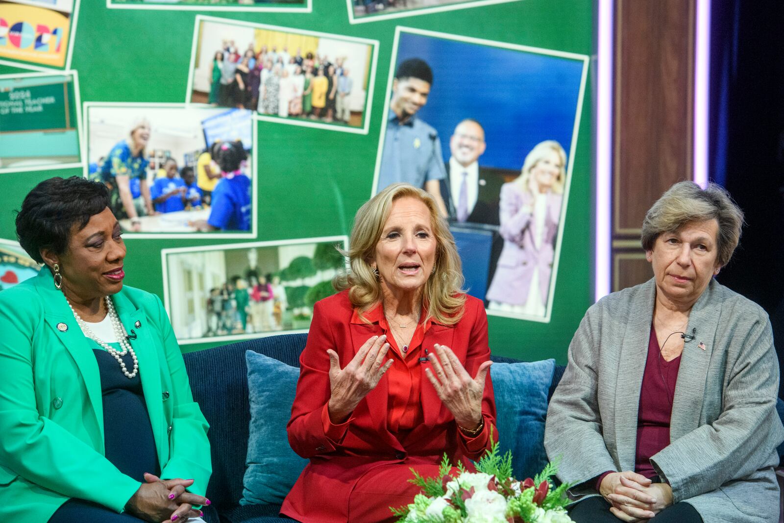 First lady Jill Biden, center, is joined by Becky Pringle, president of National Education Association, left, and Randi Weingarten, president of American Federation of Teachers , right, during a virtual thank you event for educators with the American Federation of Teachers and the National Education Association, in the South Court Auditorium on the White House complex in Washington, Monday, Dec. 16, 2024. (AP Photo/Rod Lamkey, Jr.)