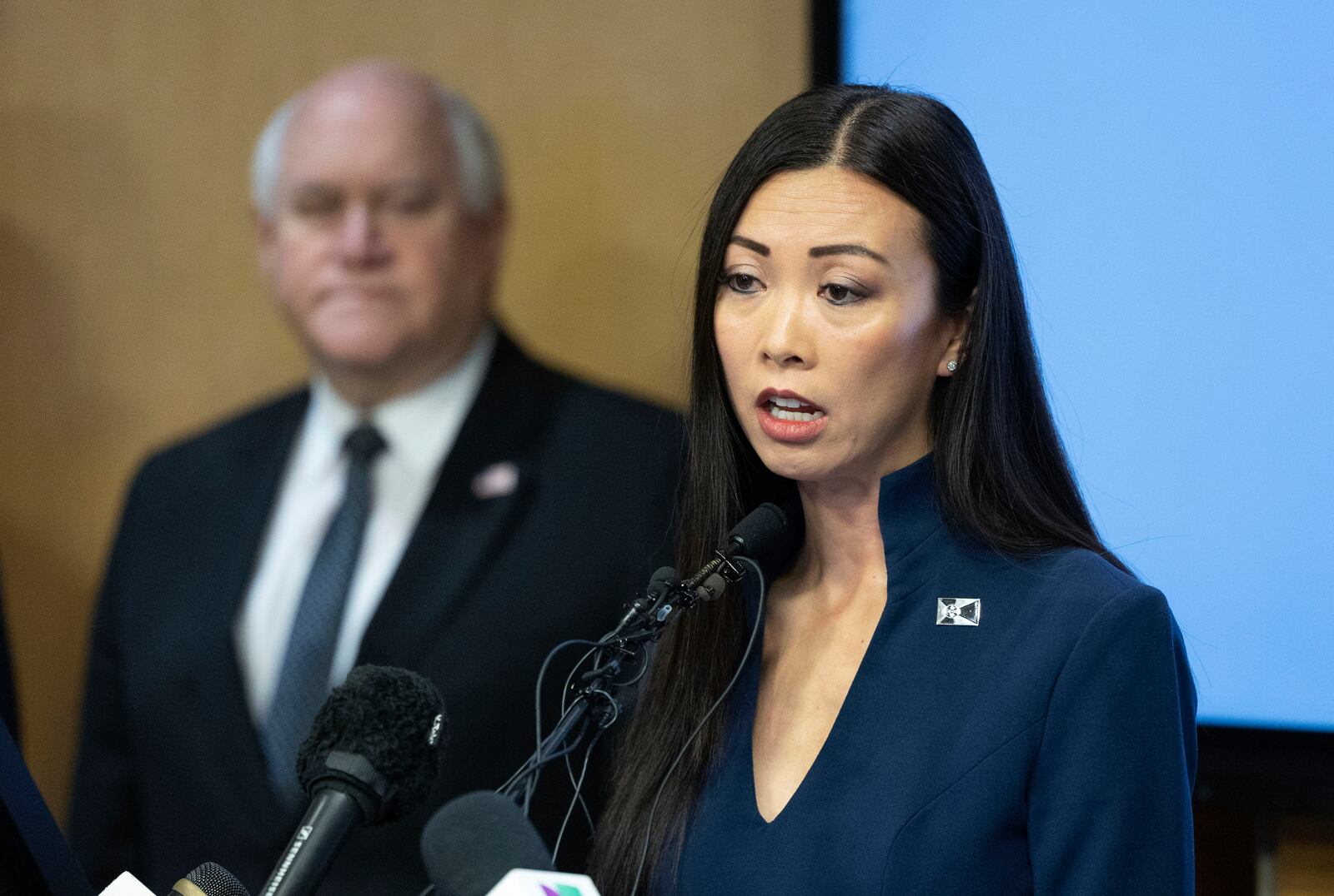 Wichita mayor Lily Wu speaks at a news conference, Thursday Jan. 30, 2025, in Wichita, Kan. (AP Photo/Travis Heying)