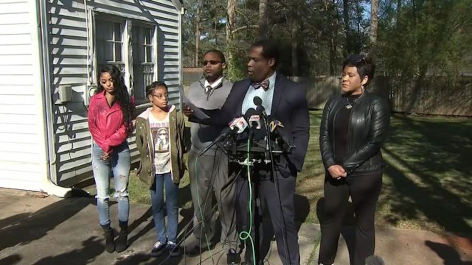 The Savage family - from left, Jailyn, Jori, Timothy and Jonjelyn - along with lawyer Gerald Griggs (at mic), met with the press on Wednesday morning to talk about their daughter, Joycelyn, whom they haven't seen in the two years since she's been with R. Kelly.