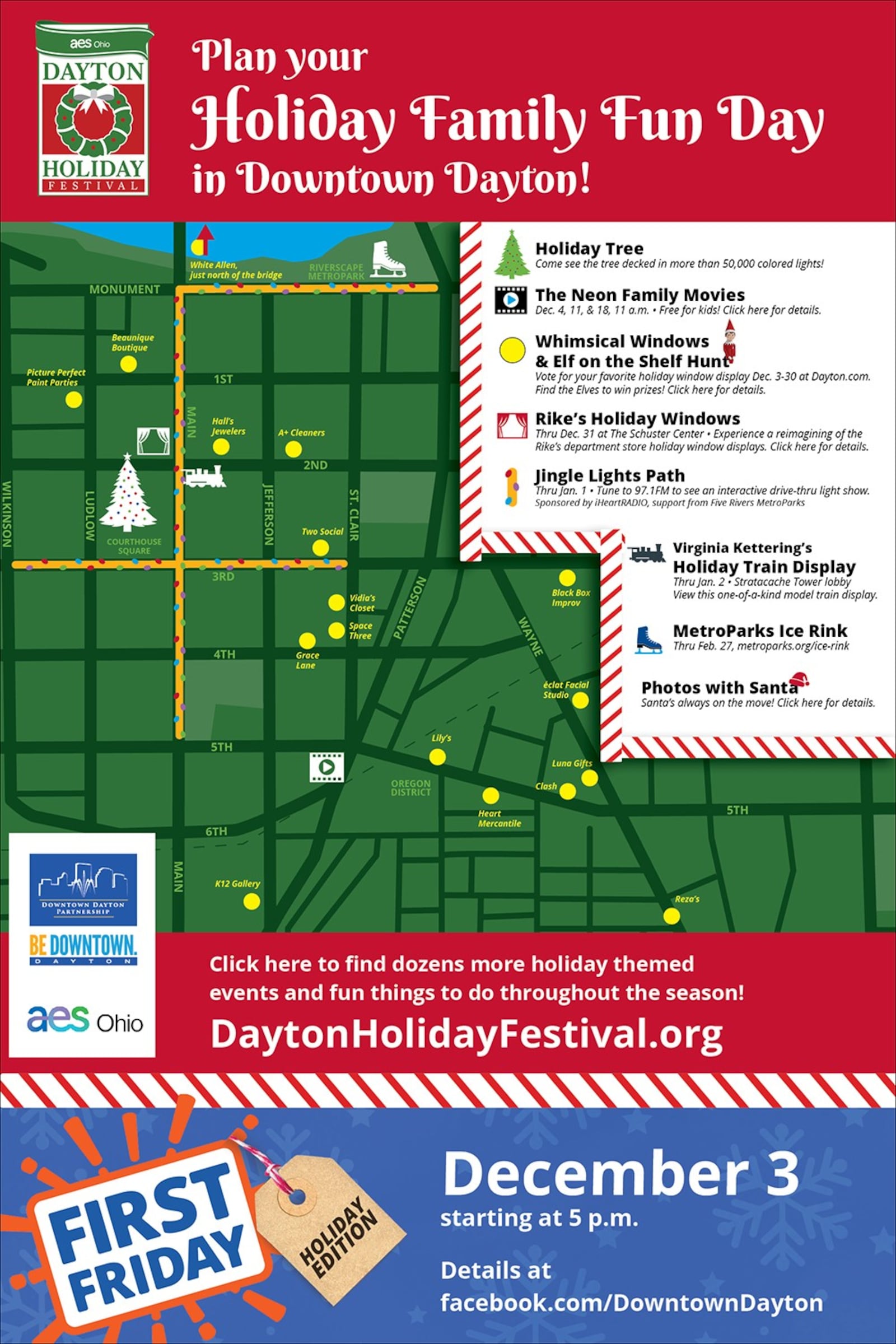 There’s tons of shopping, activities and entertainment to check-out tonight. For more information on tonight’s First Friday, visit the Facebook event page. The DDP also put together a map to help families plan their “Holiday Family Fun Day” in Downtown Dayton.