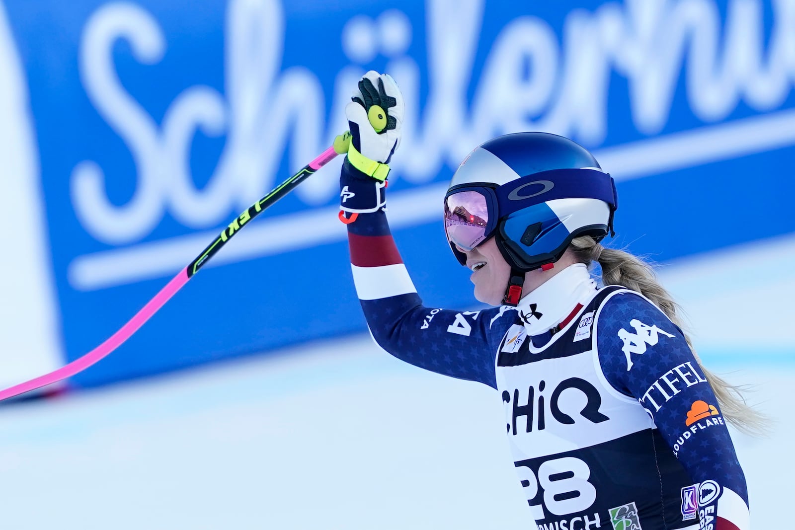 United States' Lindsay Vonn reacts after completing an alpine ski, women's World Cup downhill, in Garmisch, Germany, Saturday, Jan. 25, 2025. (AP Photo/Piermarco Tacca)